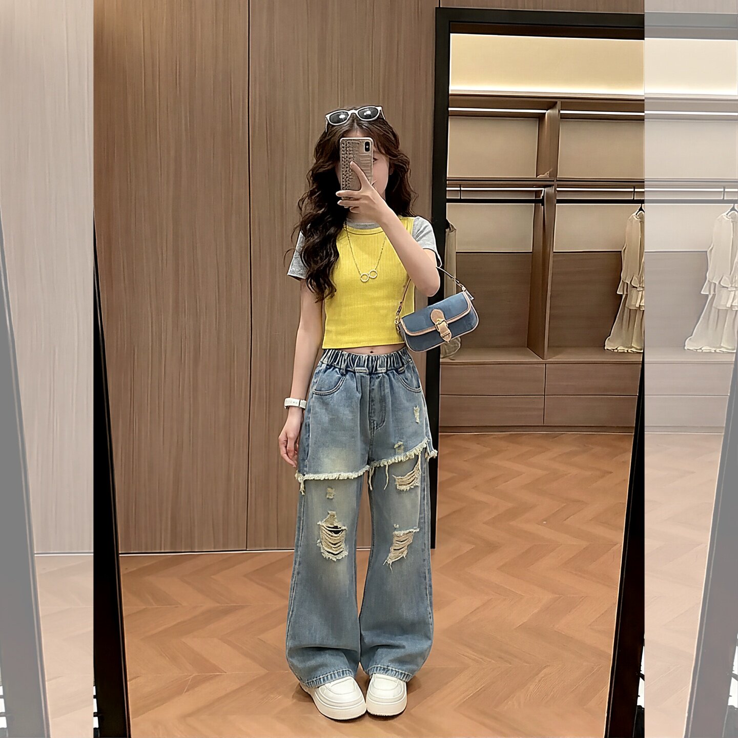女童夏季套装超好看初中生破洞潮