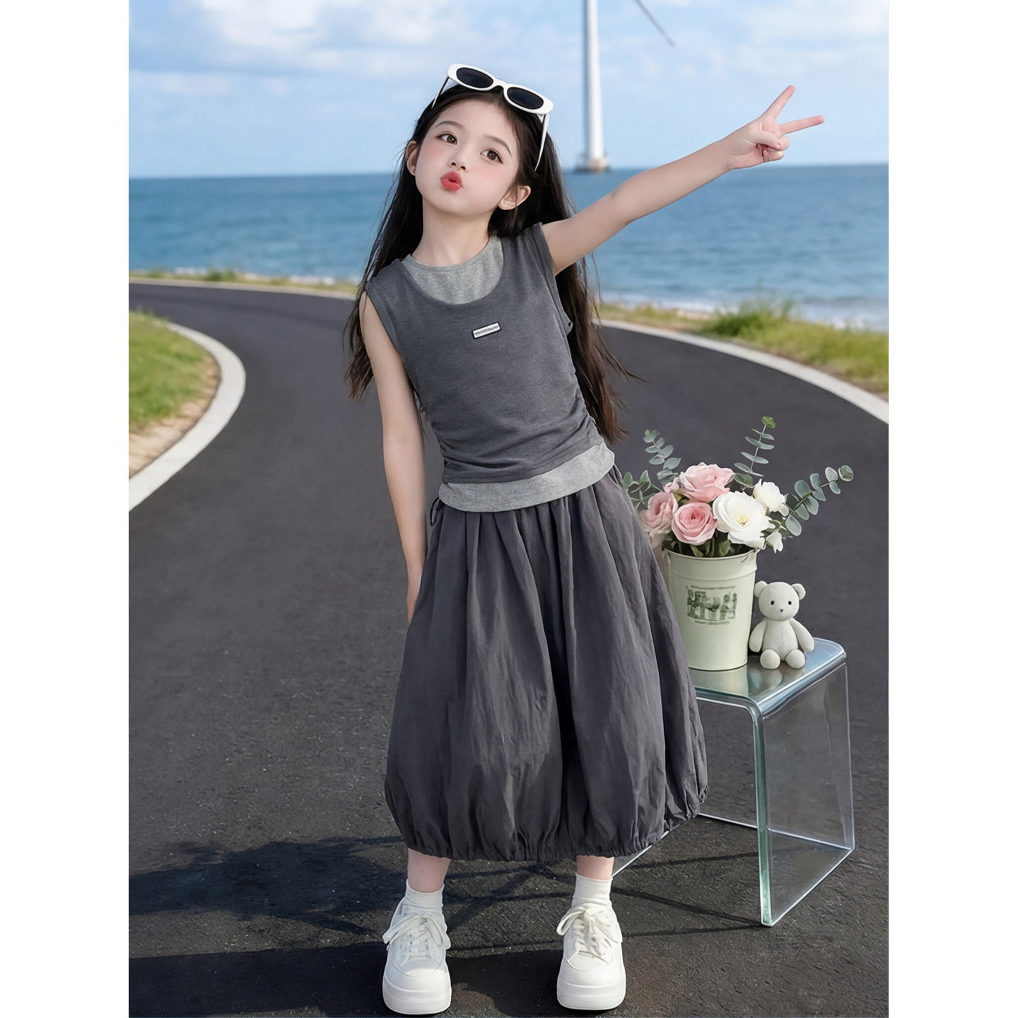 女童夏假两件无袖背心花苞裙套装