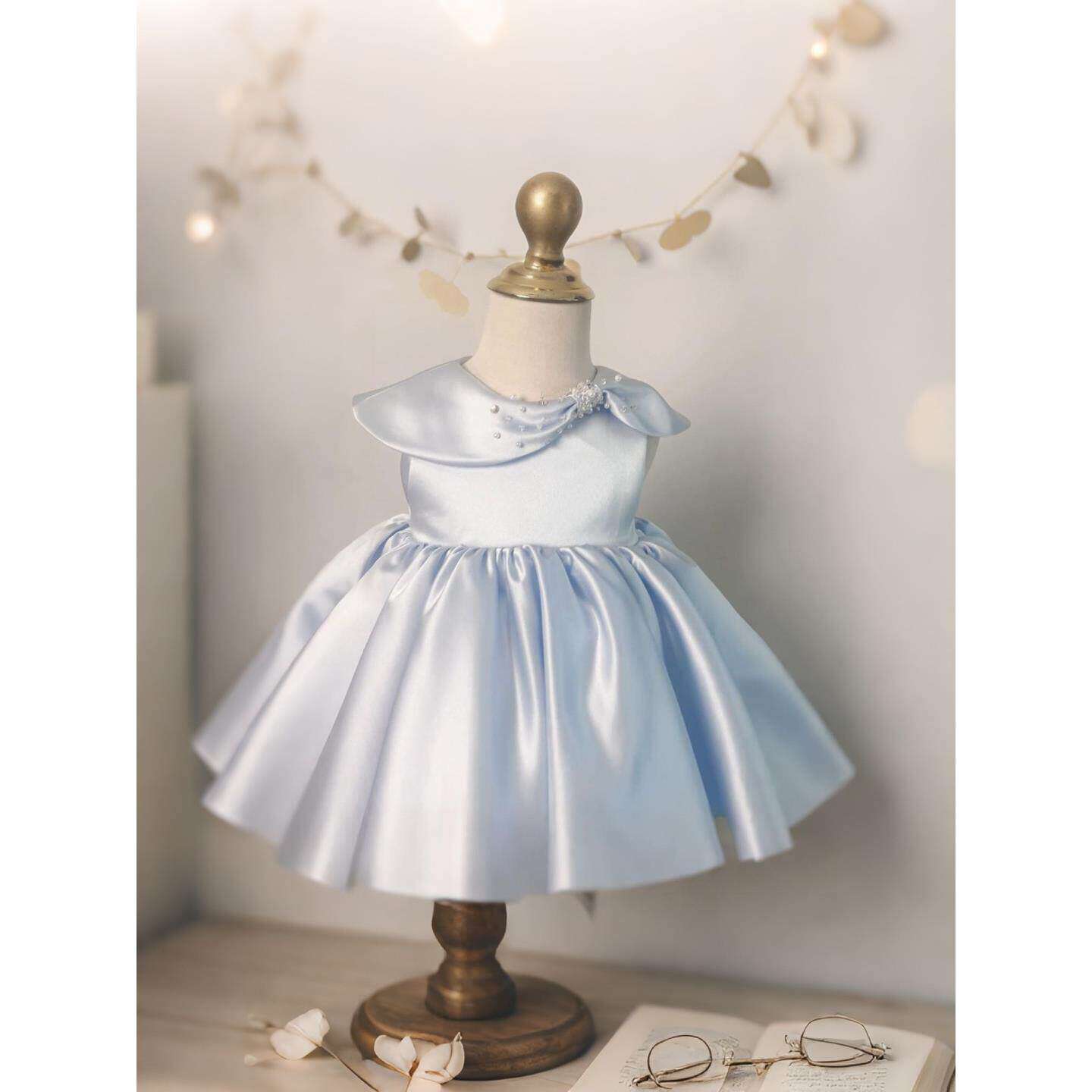 女童浅蓝色连衣裙儿童周岁生日礼服蝴蝶结蓬蓬裙公主裙宝宝背心裙