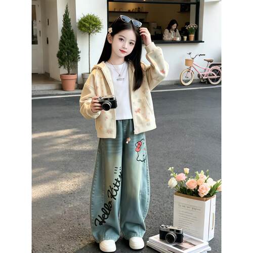 女童套装秋季2026新款渐变水洗kt猫印花牛仔裤儿童宽松阔腿长裤潮