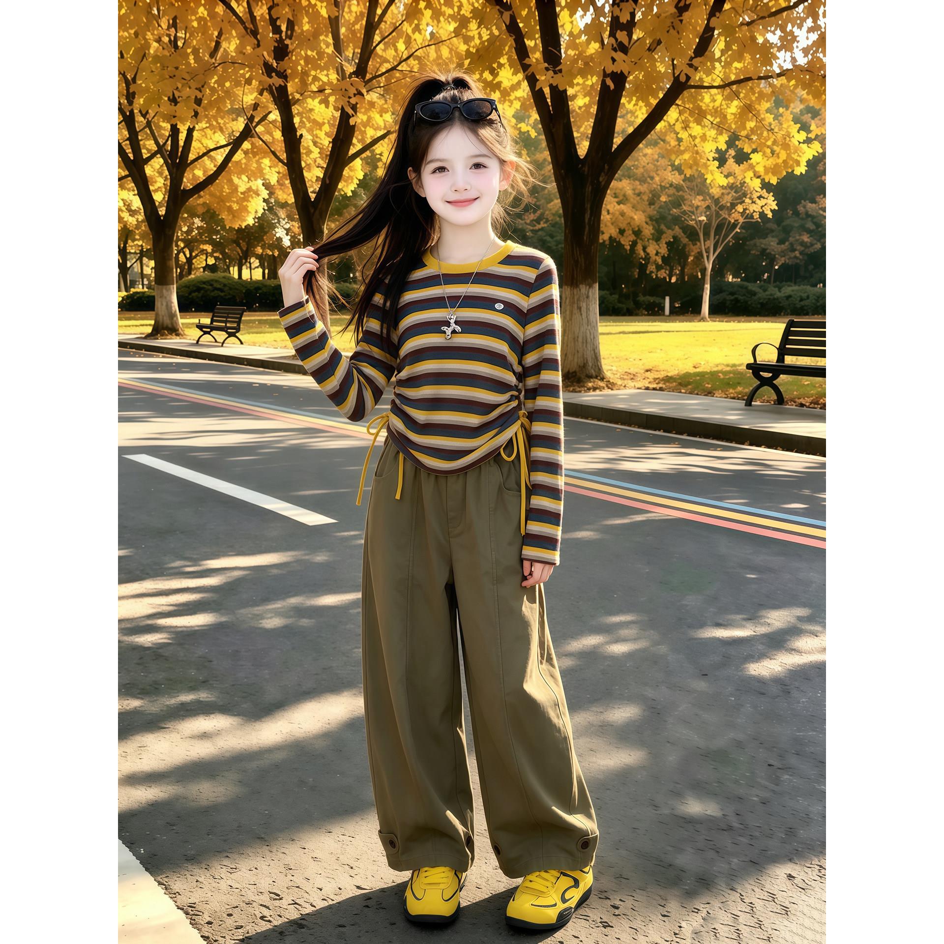 女童春秋款套装2026新款儿童洋气条纹上衣秋装休闲工装裤两件套潮