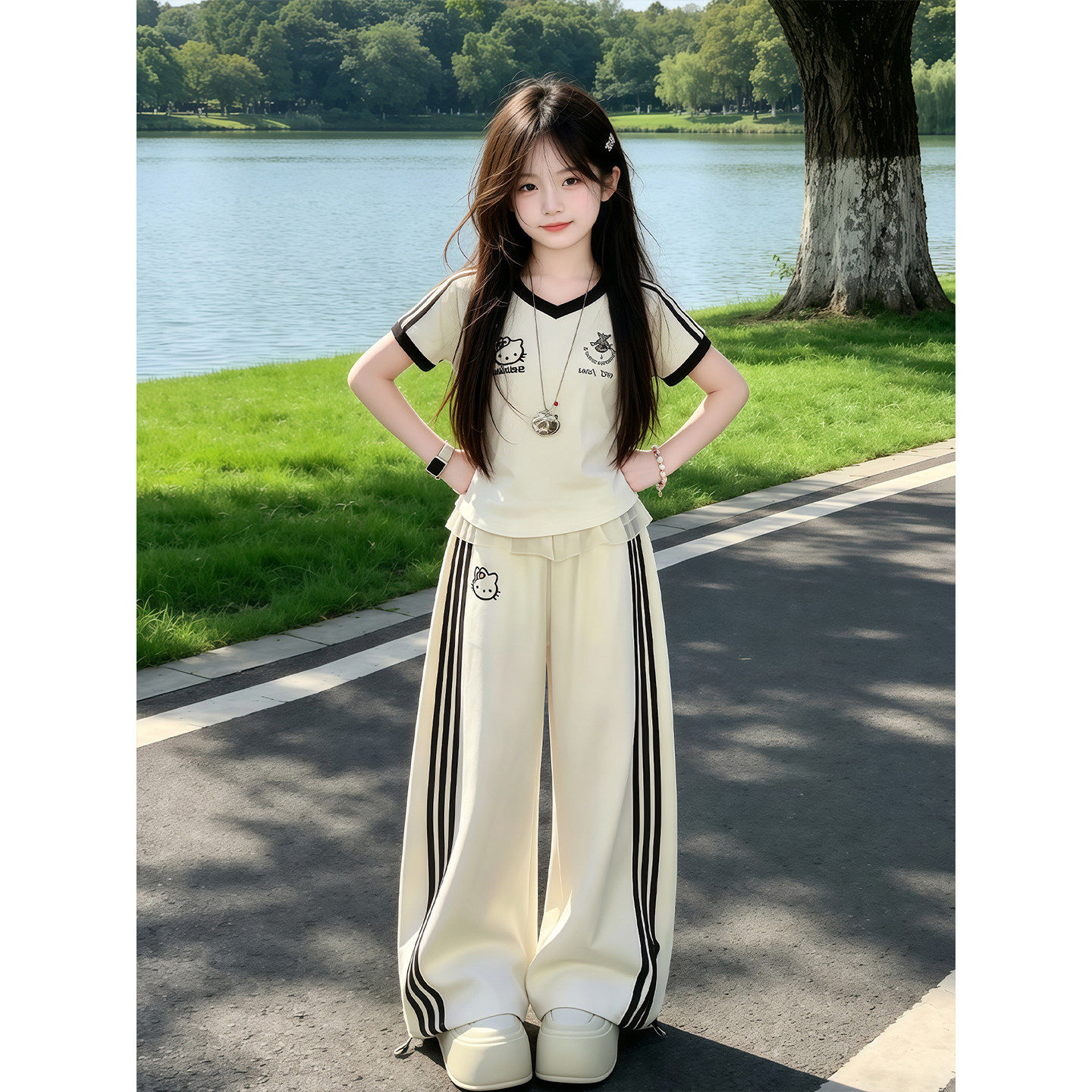 女童KT猫短袖套装夏季2026新款儿童洋派T恤夏装女孩阔腿裤两件套
