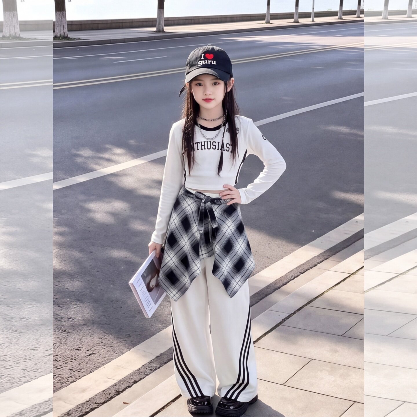 女童爵士舞炸街服套装2026休闲格子屁帘阔腿裤小女孩时尚走秀服女