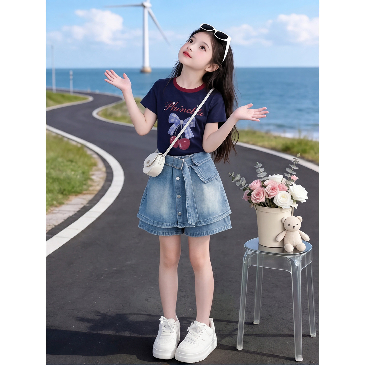 女童夏季樱桃印花短袖牛仔短裤