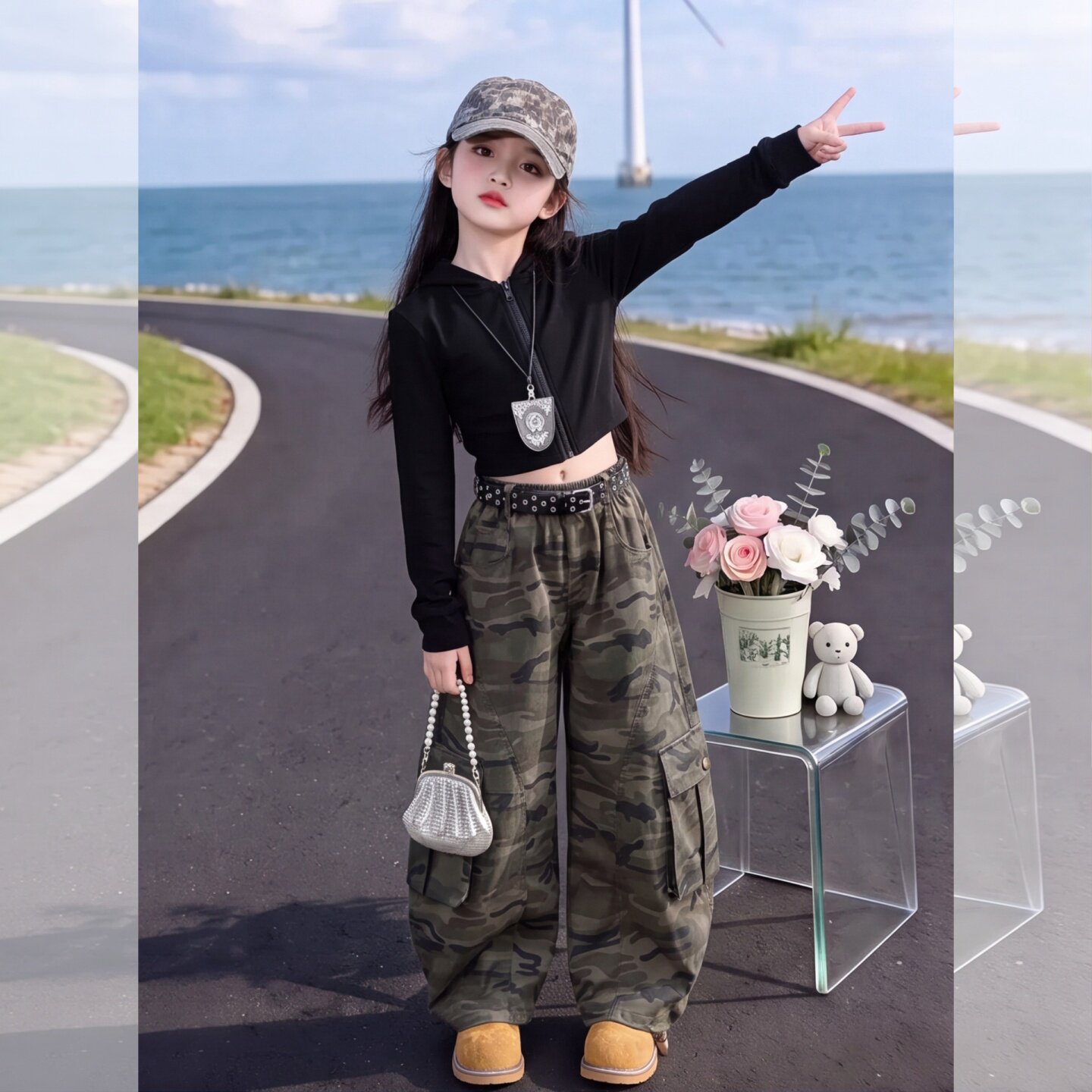 女童秋装迷彩工装裤2026新款韩版