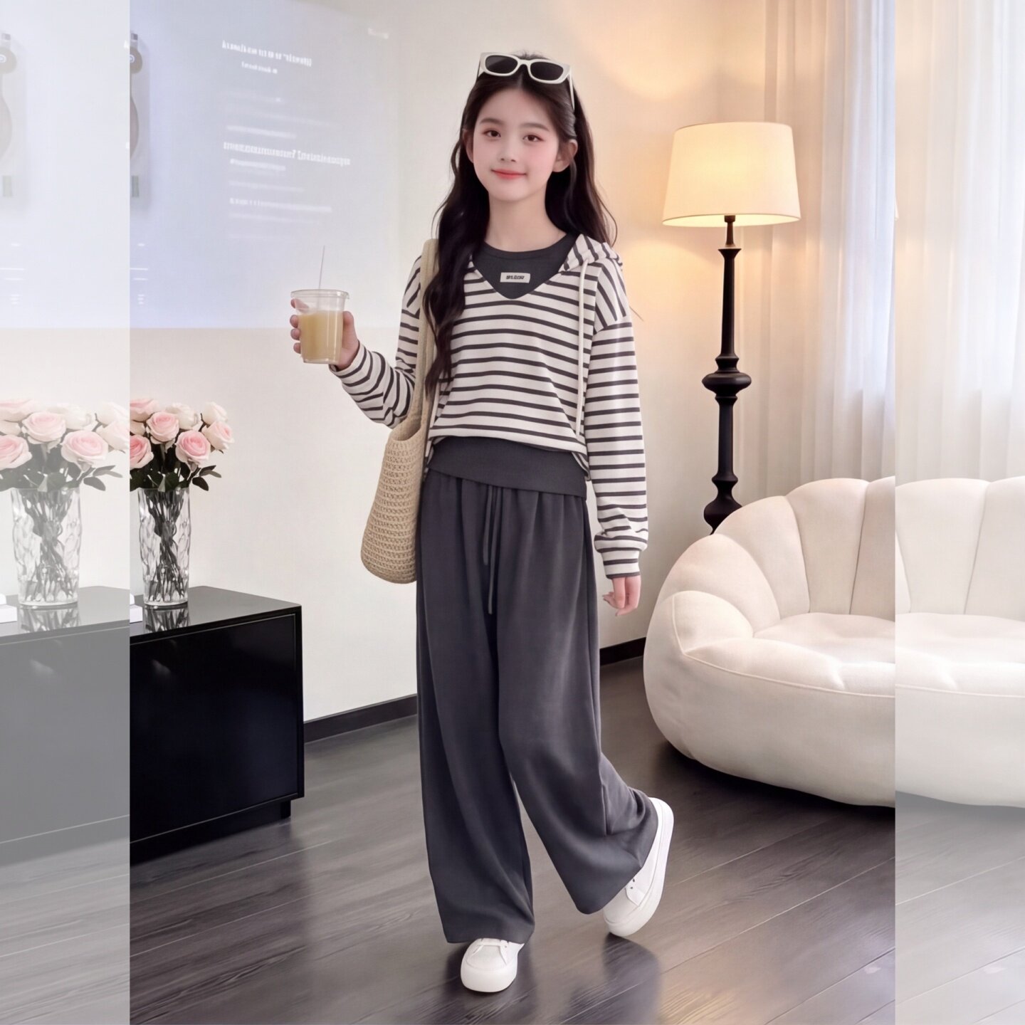 女童秋季条纹卫衣套装2026新款时
