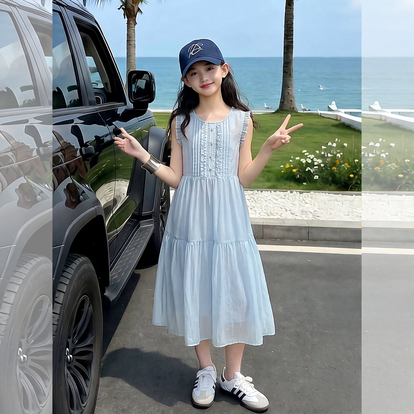 女童无袖连衣裙甜美可爱蓝色裙子