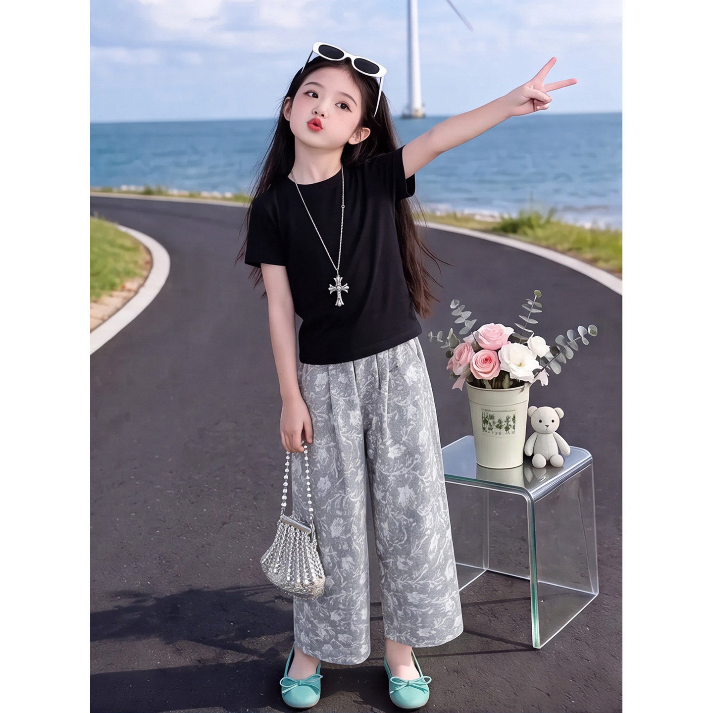 女童韩版提花阔腿裤套装夏季2026