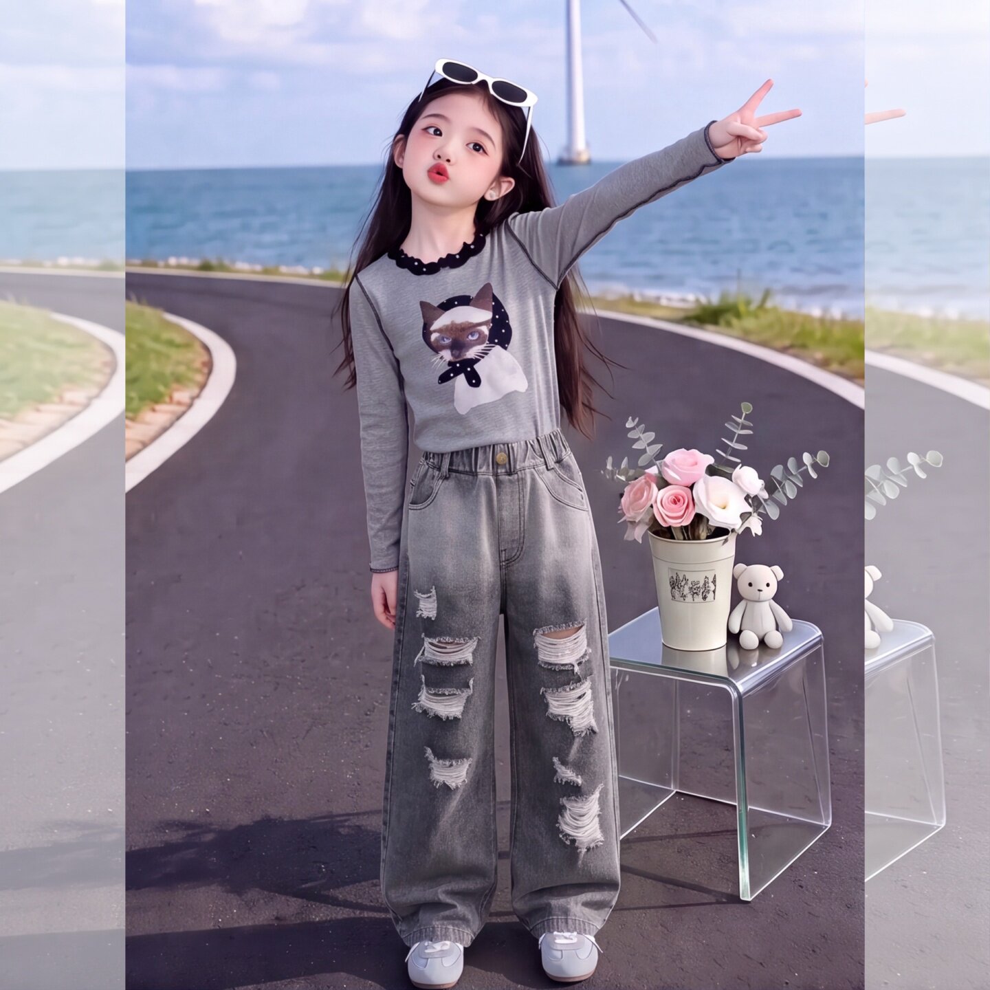 女童破洞牛仔裤2026新款秋装大童