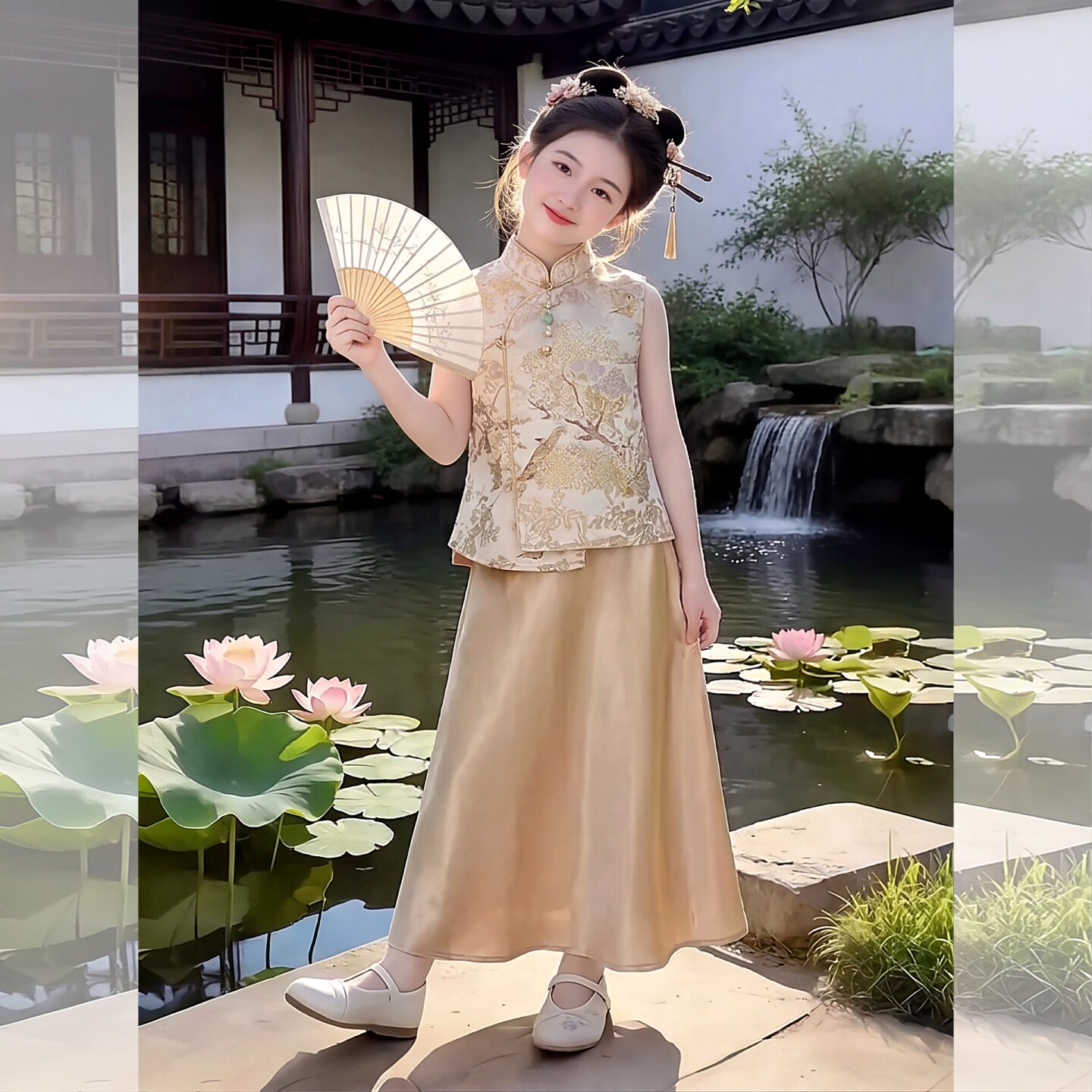女童夏提花无袖上衣缎面鱼尾裙套