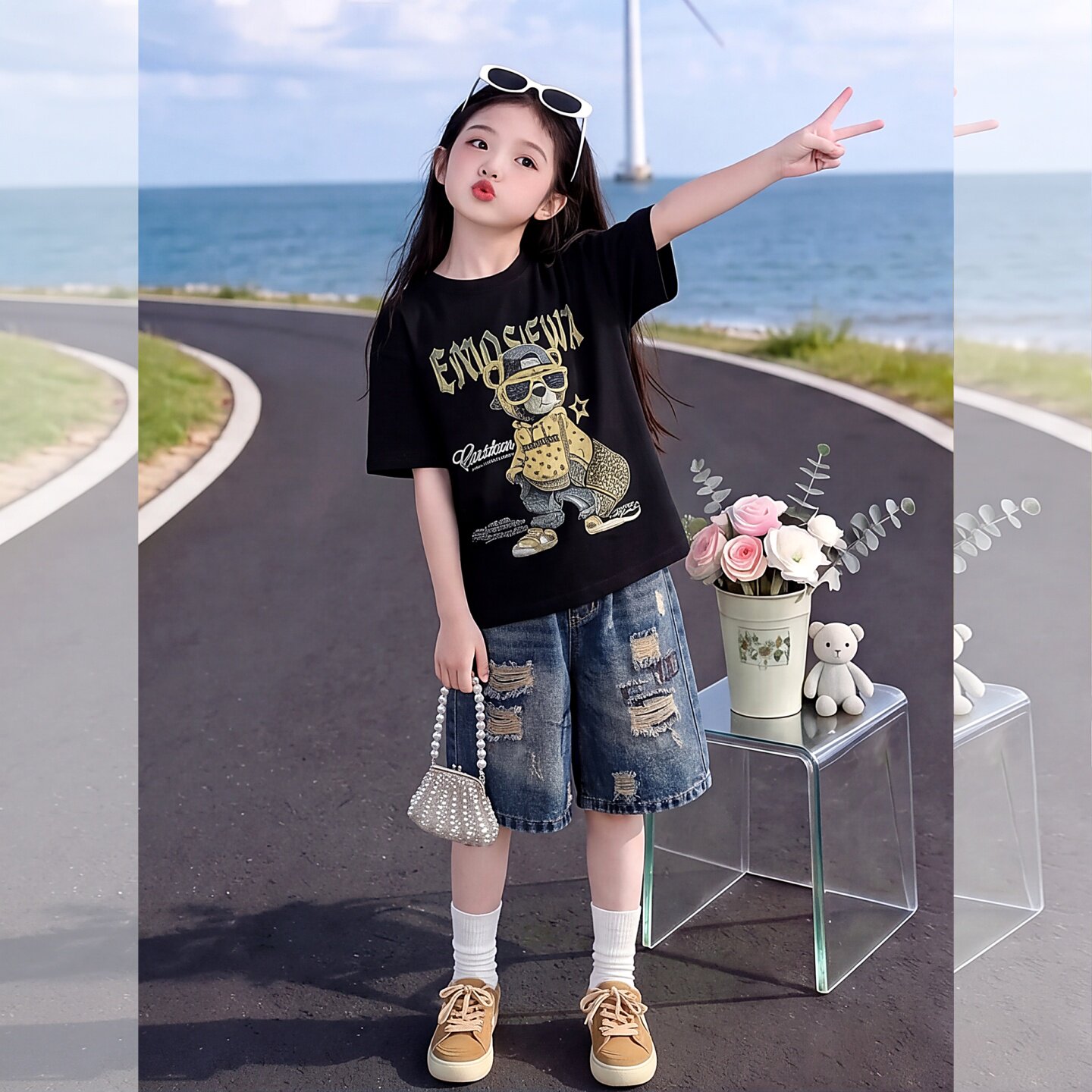 女童夏小熊短袖破洞牛仔裤两件套