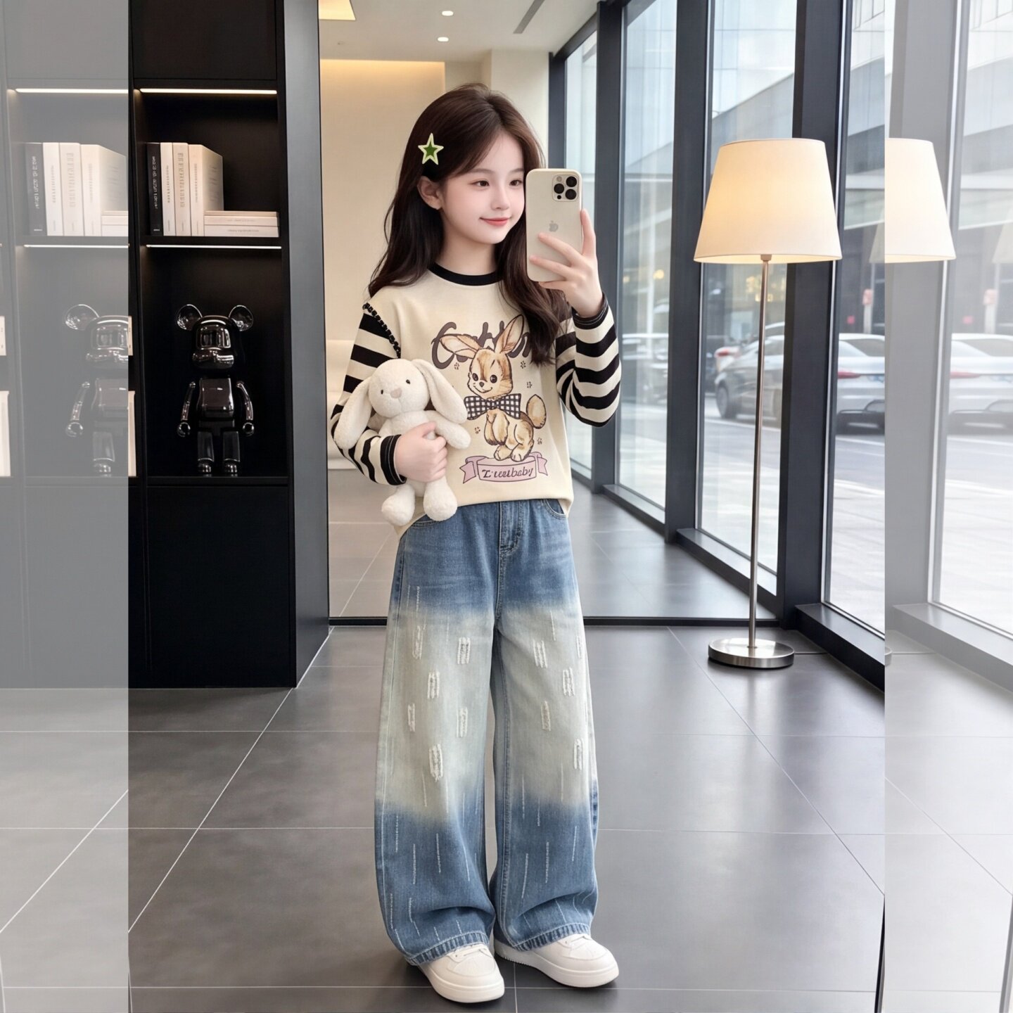 女童春秋烫钻阔腿牛仔裤两件套
