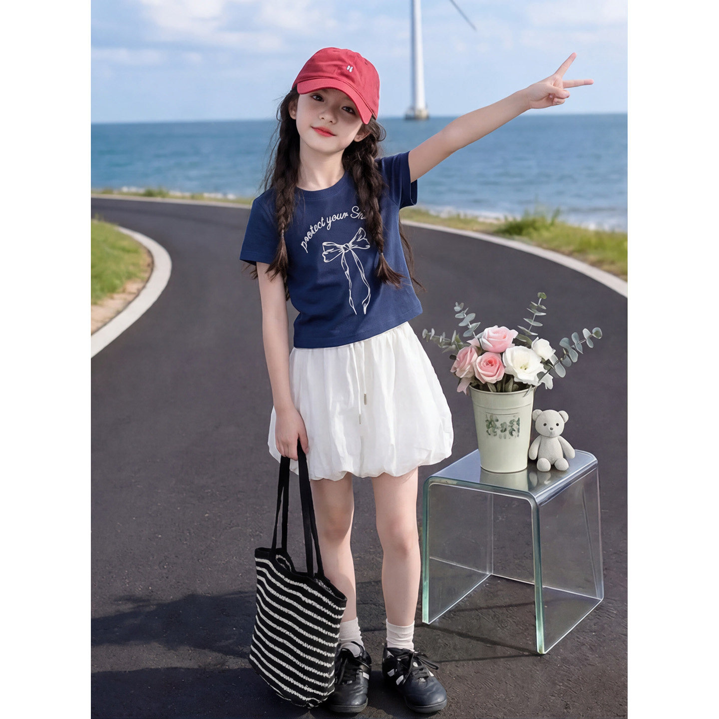 女童夏短袖T恤花苞裙短裙两件套