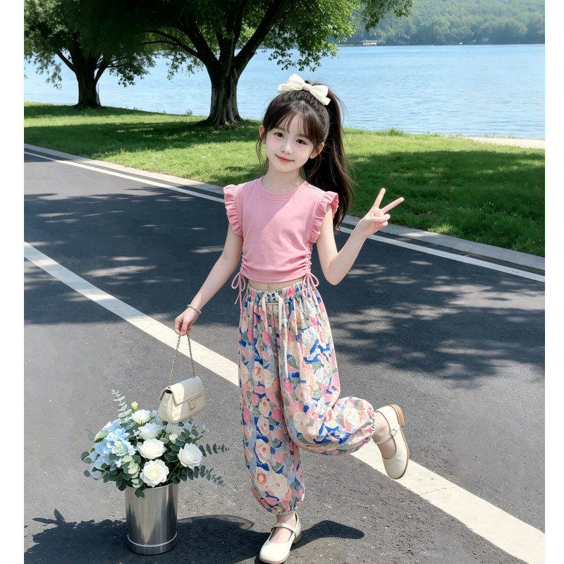 女童夏季套装2026新款冰丝薄款T恤碎花裤子儿童防蚊裤背心两件套