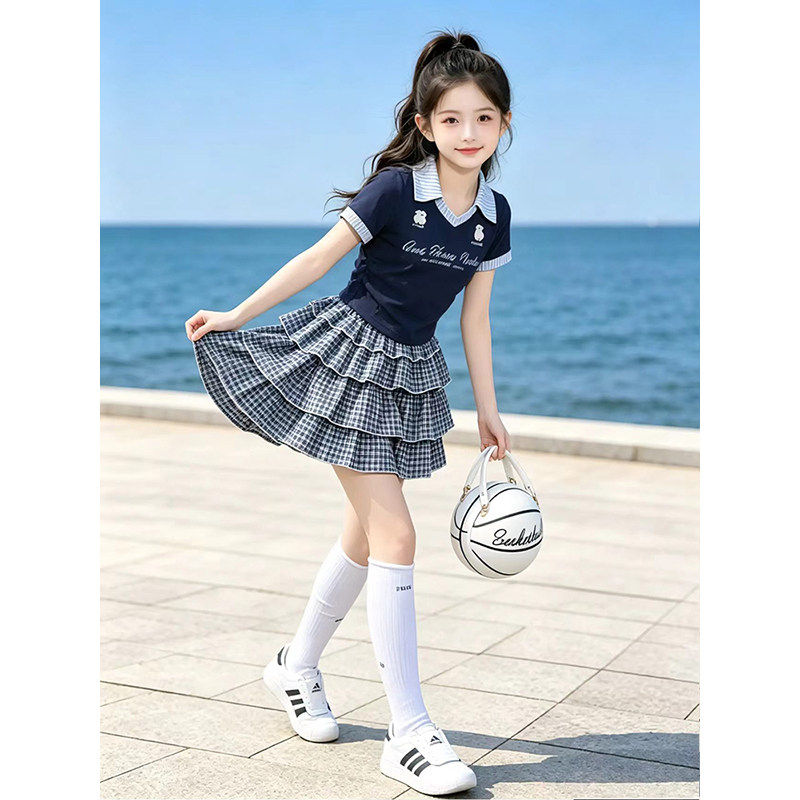 女童夏季Polo衫套装夏季2026新款儿童学院风T恤女孩格子裙两件套