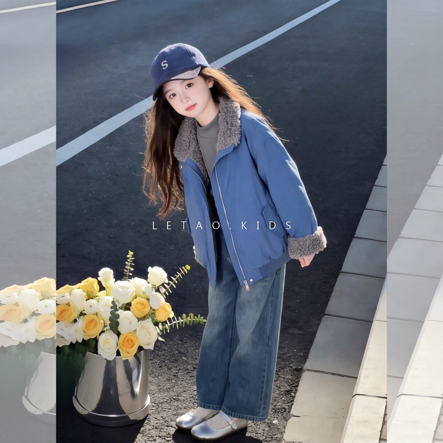 蓝色毛毛拼接加厚保暖派克棉服