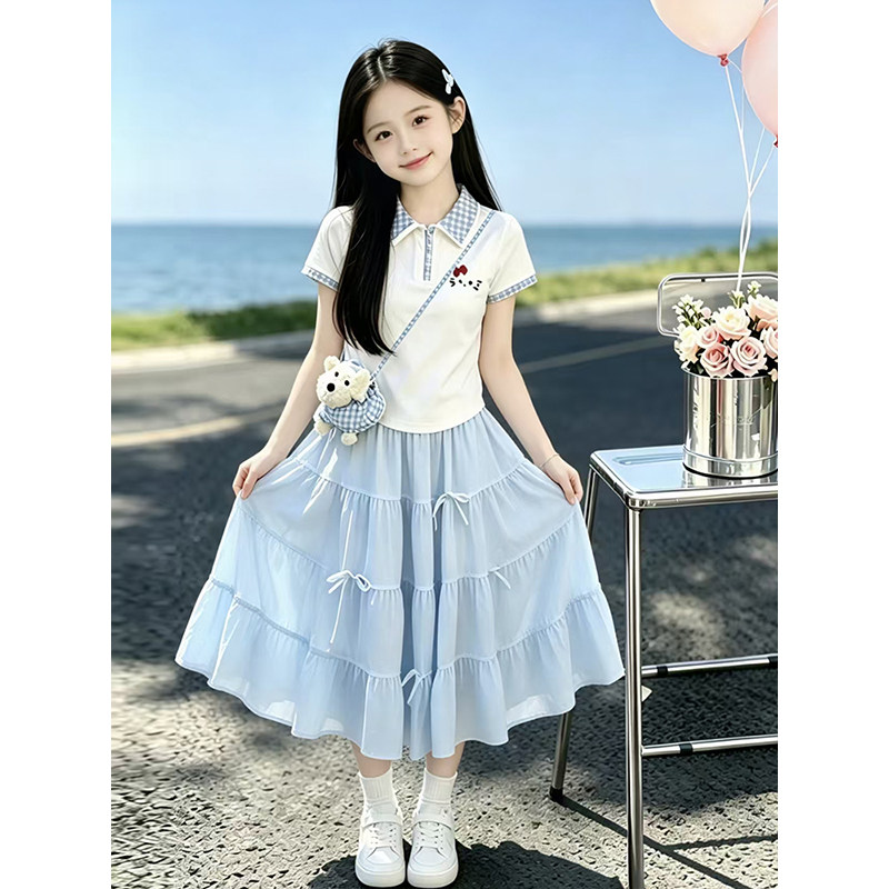 女童夏季套装2026新款儿童Polo衫T恤夏装潮女孩网纱半身裙两件套
