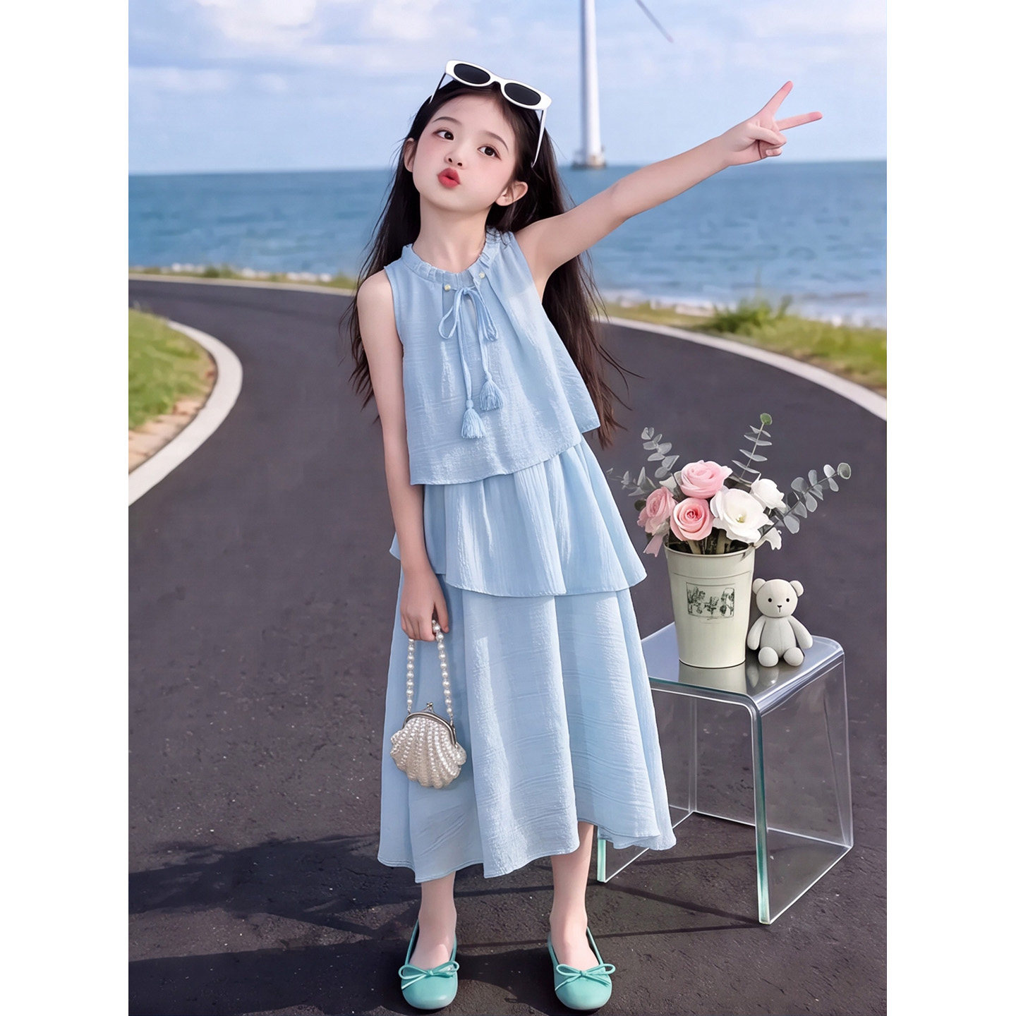 女童法式甜美无袖连衣裙夏季蓝色