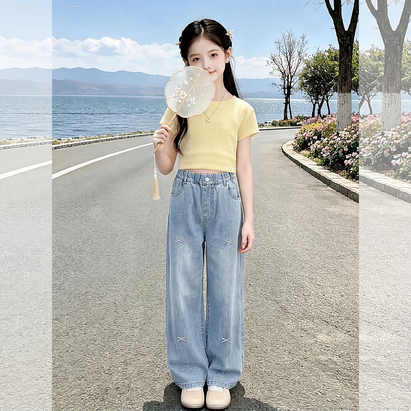 女童裤子夏季2026新款洋气儿童浅色牛仔裤薄大童好看烫钻直筒长裤