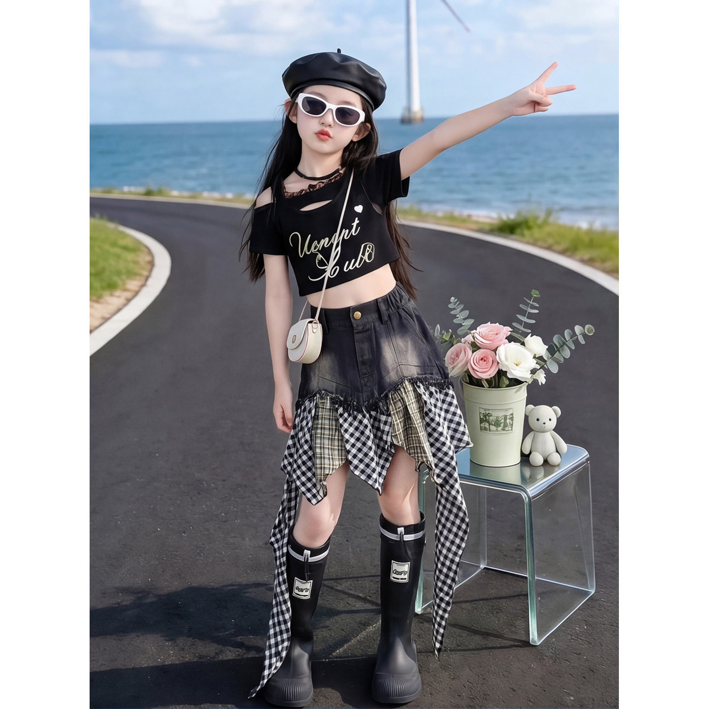 女童甜酷爵士舞套装夏款女孩短袖
