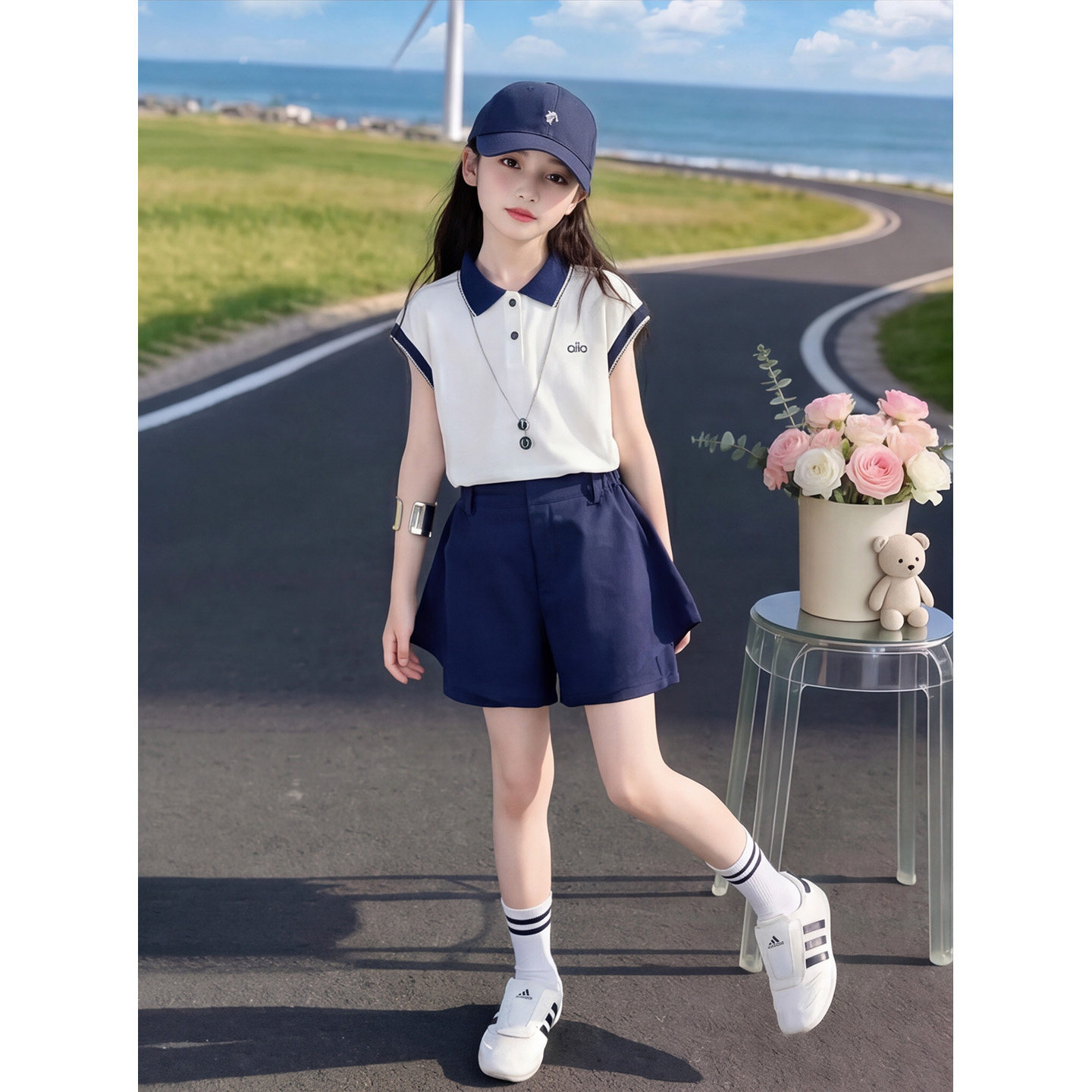 女童夏套装2026新款儿童夏季学院风polo衫女孩洋气短袖T恤两件套