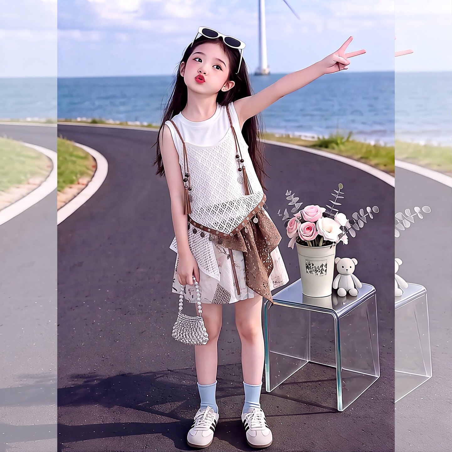 女童背心碎花半身裙套装2026新款