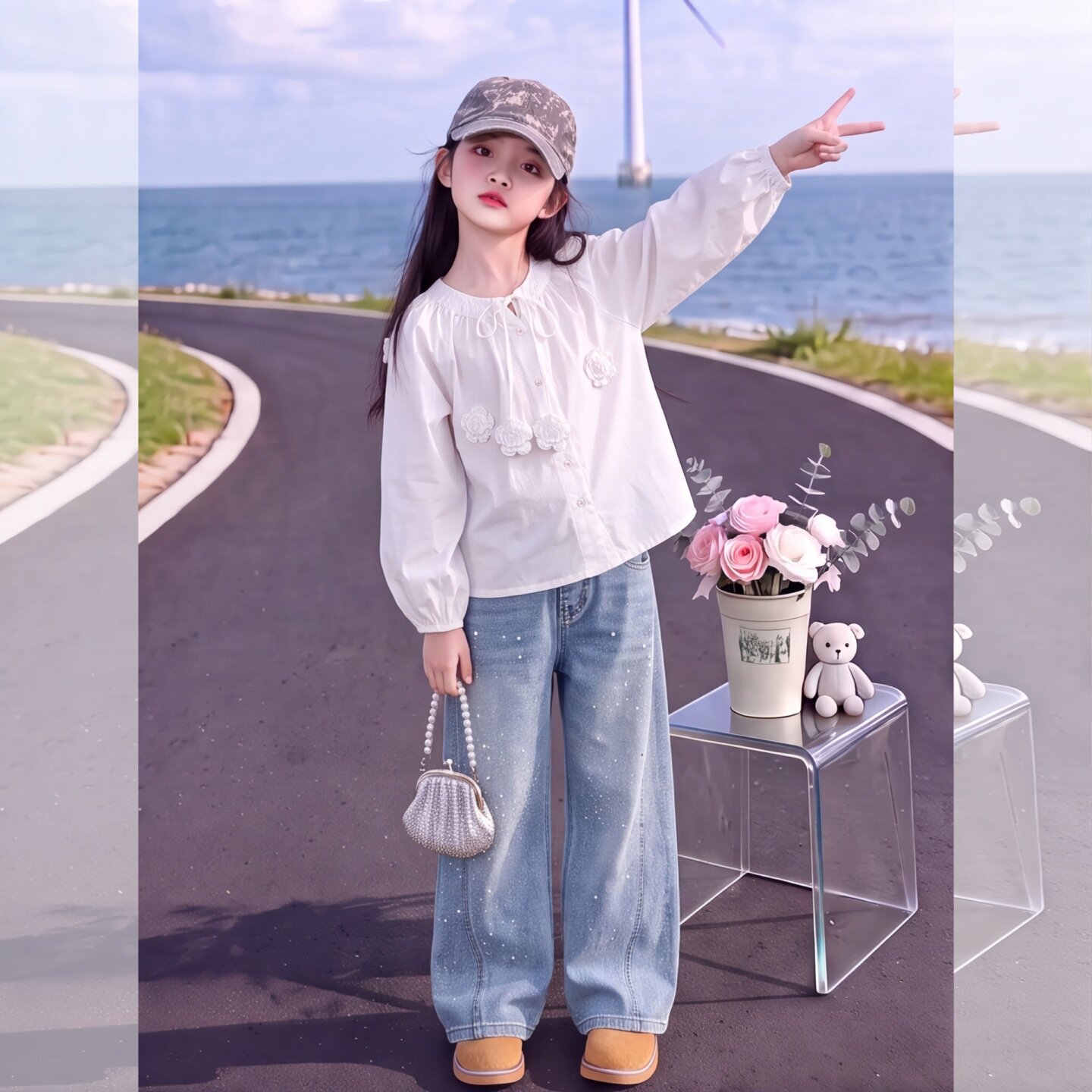 女童秋季白色长袖衬衫套装2026新