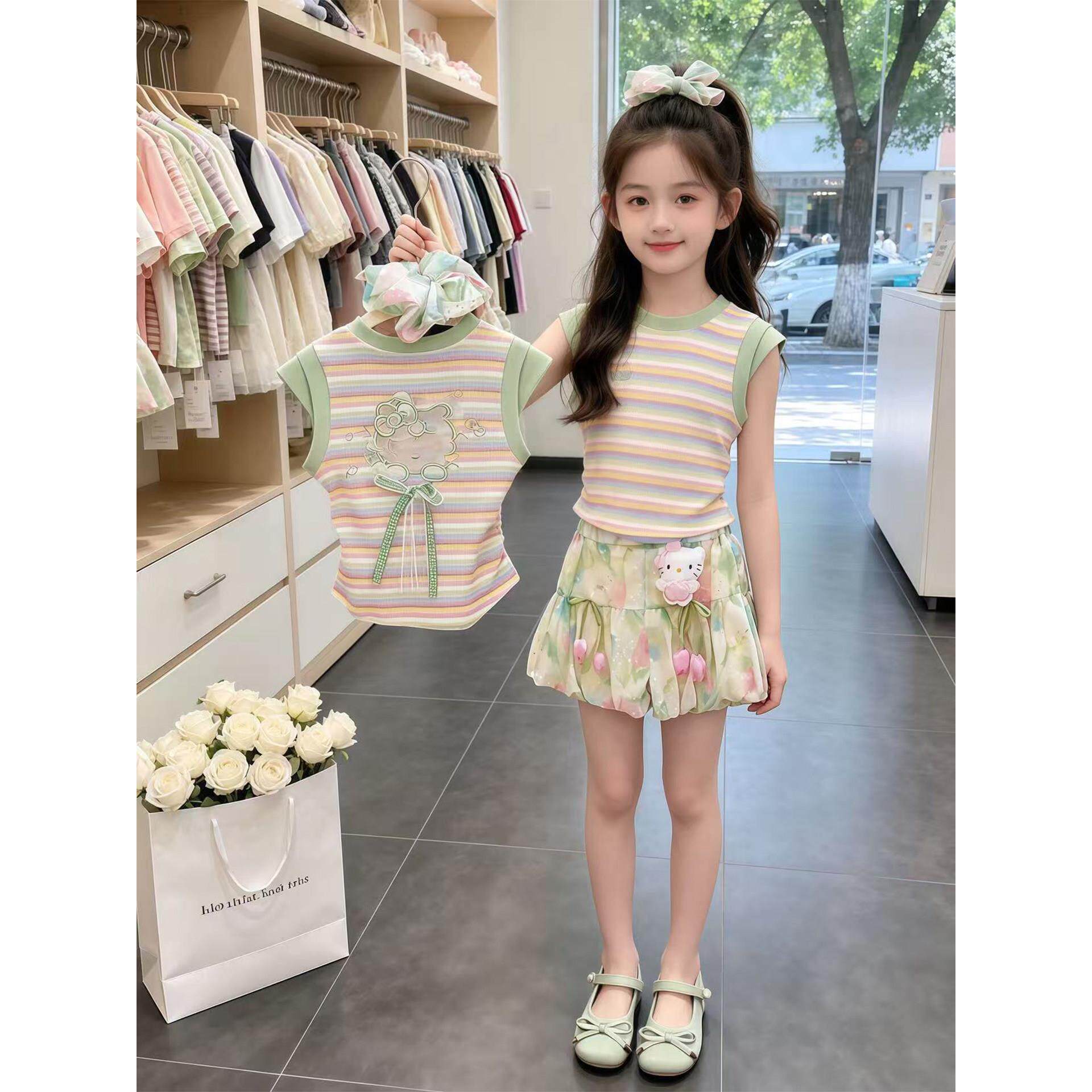 女童半身裙夏套装2026夏季新款儿童条纹背心花朵短裙灯笼裤两件套