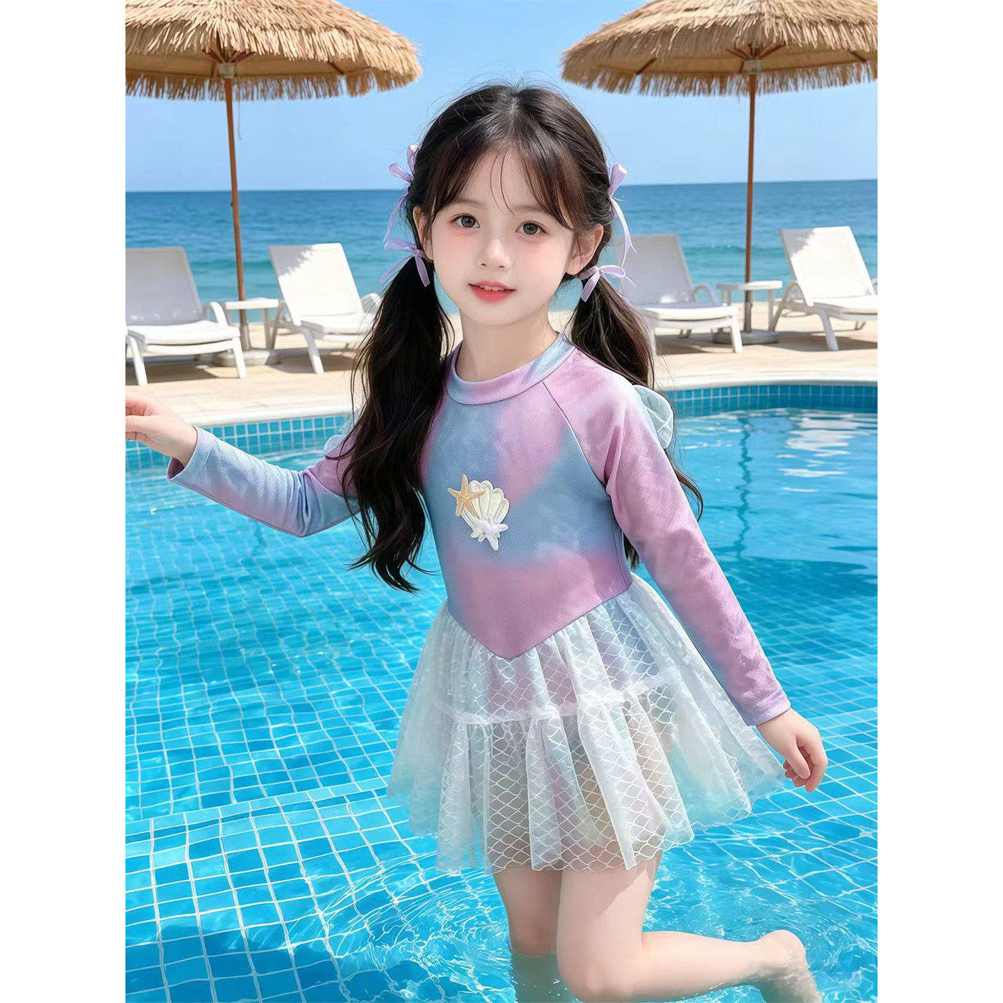 女童夏长袖泳衣2026新款贝壳海星网纱高颜值蓬蓬裙保守连身游泳装