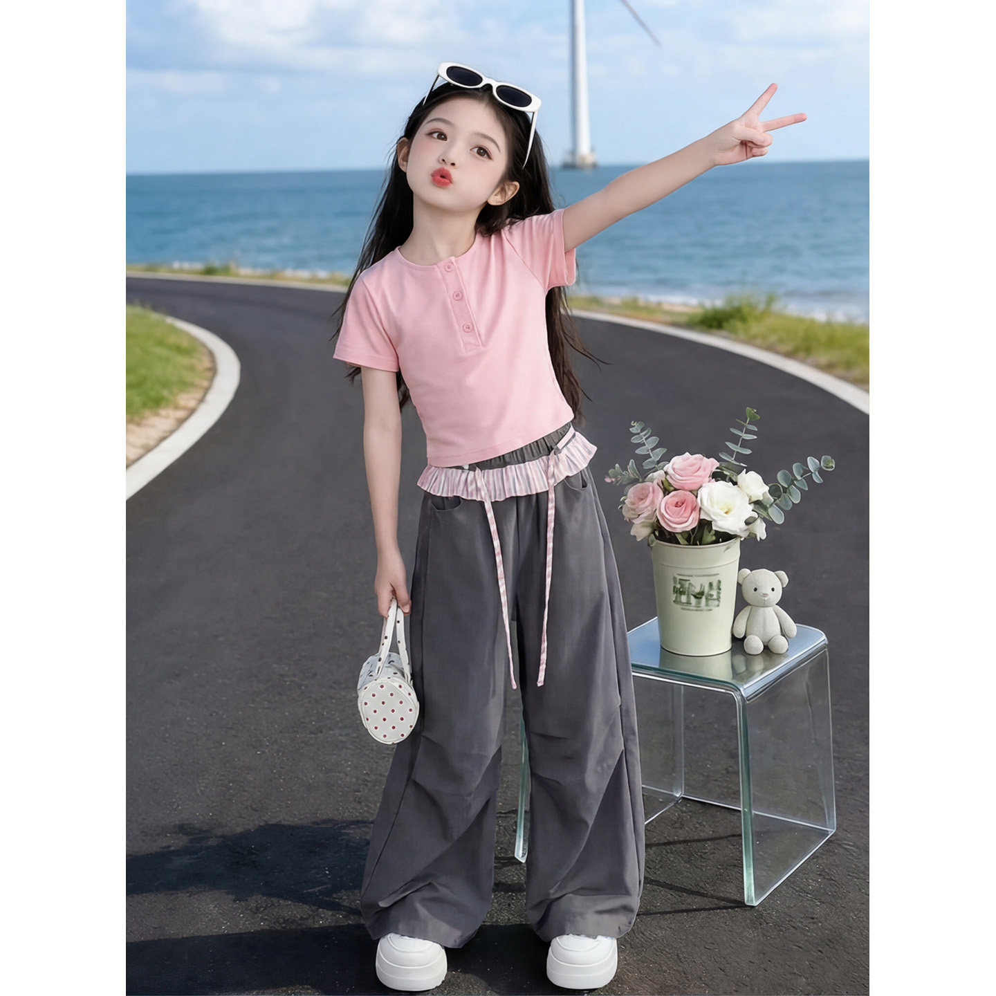 女款短袖T恤荷叶边阔腿裤两件套