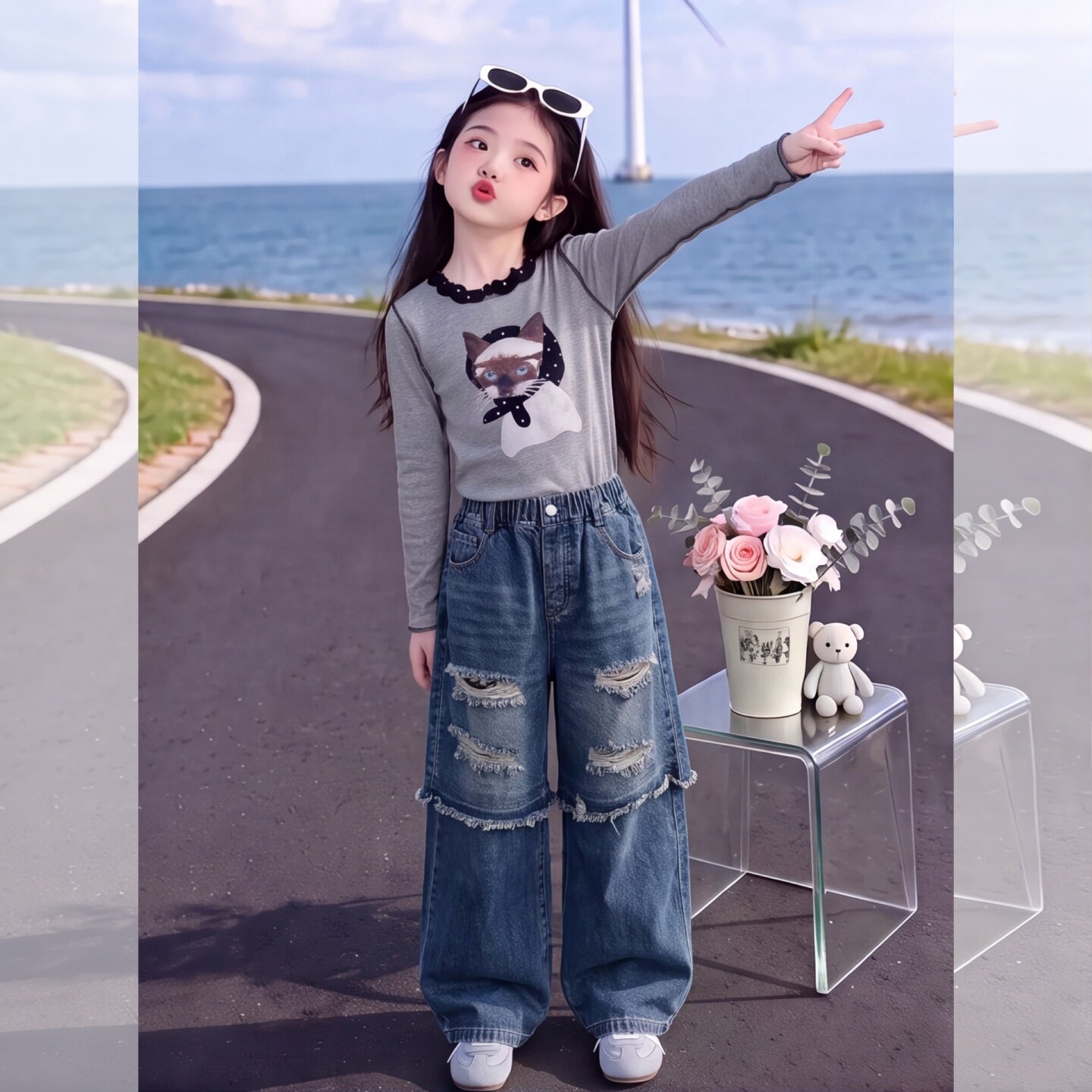 女童秋季牛仔裤2026新款女孩假两