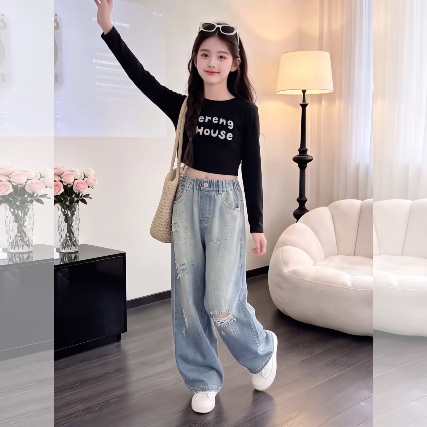 女童秋装牛仔阔腿裤中大童直筒裤