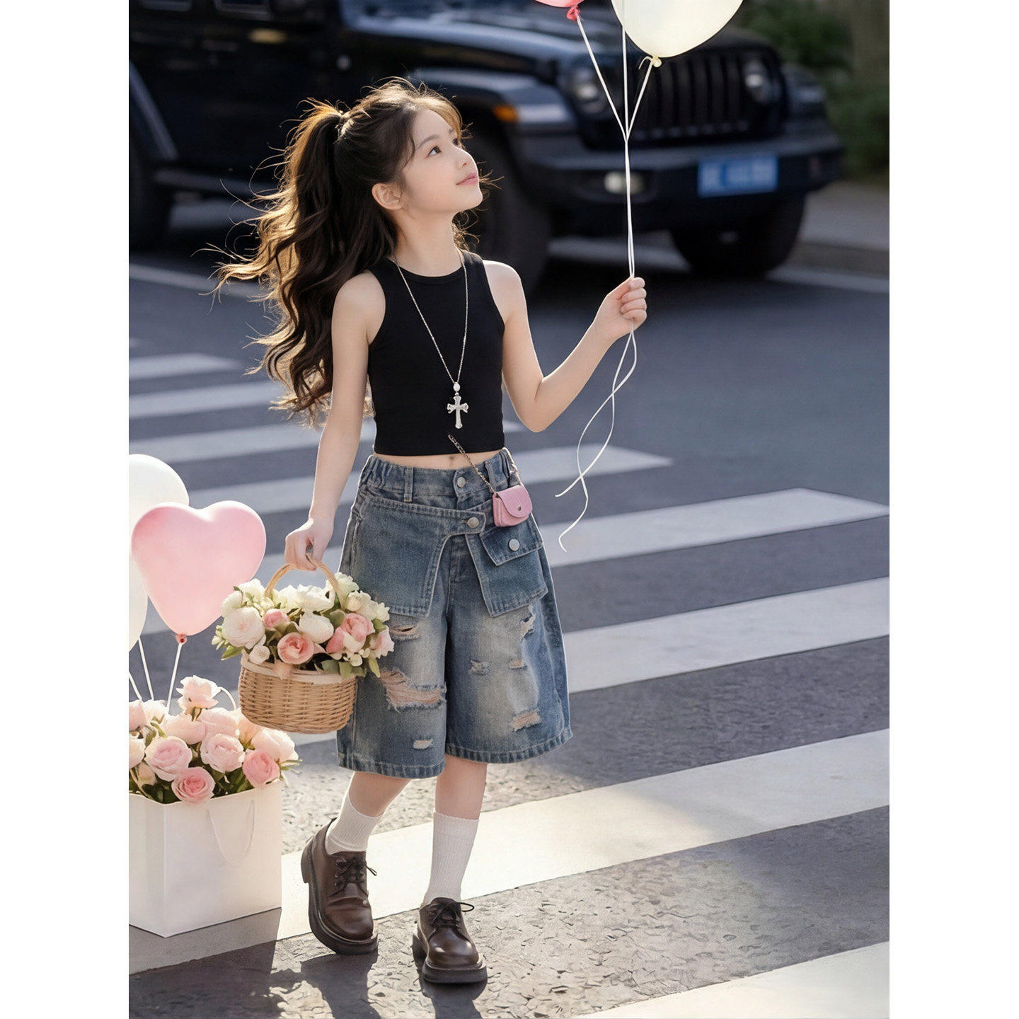 女童牛仔短裤套装2026款大童套装