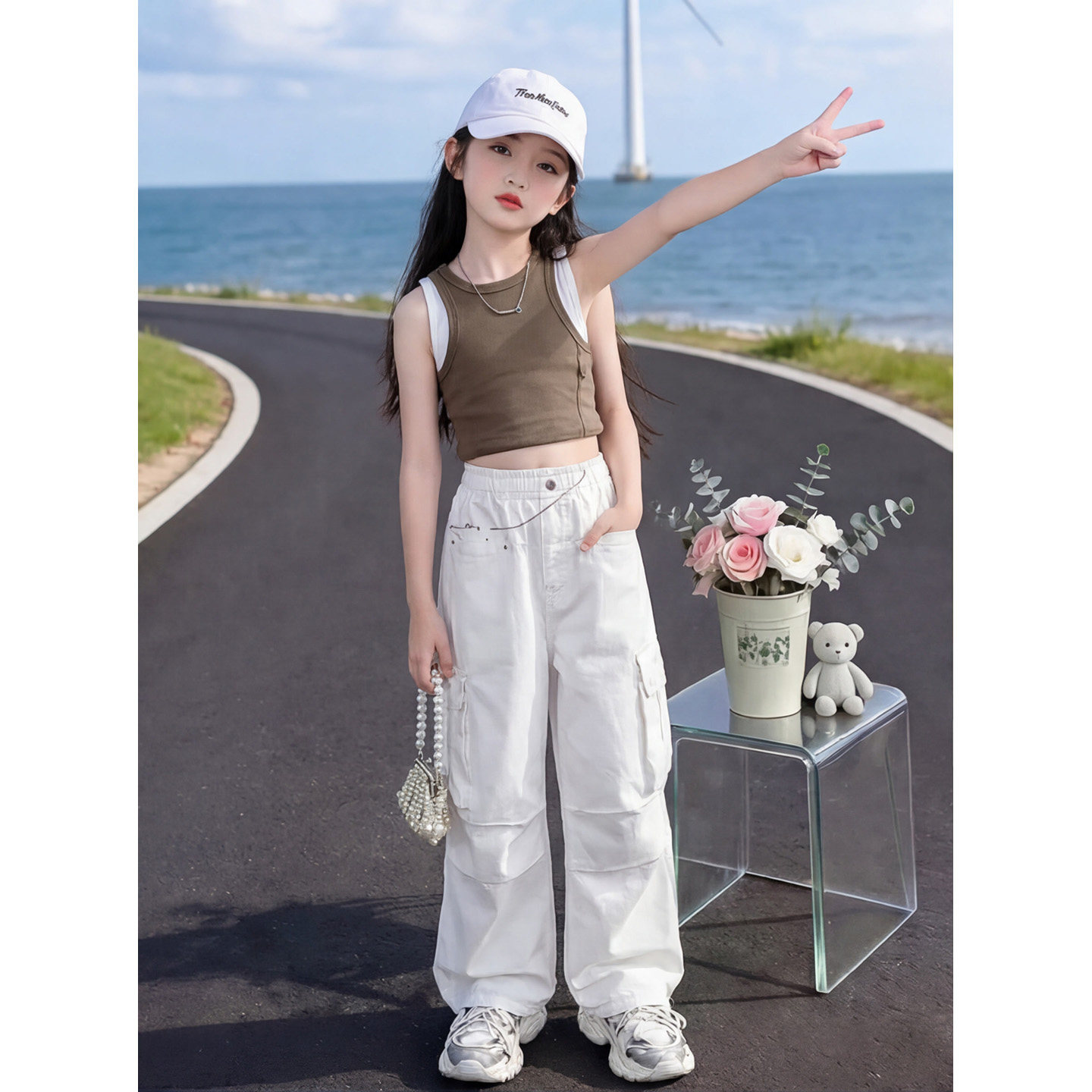 女童纯棉裤子夏季薄款2026新款儿童休闲工装裤大童小女孩直筒长裤