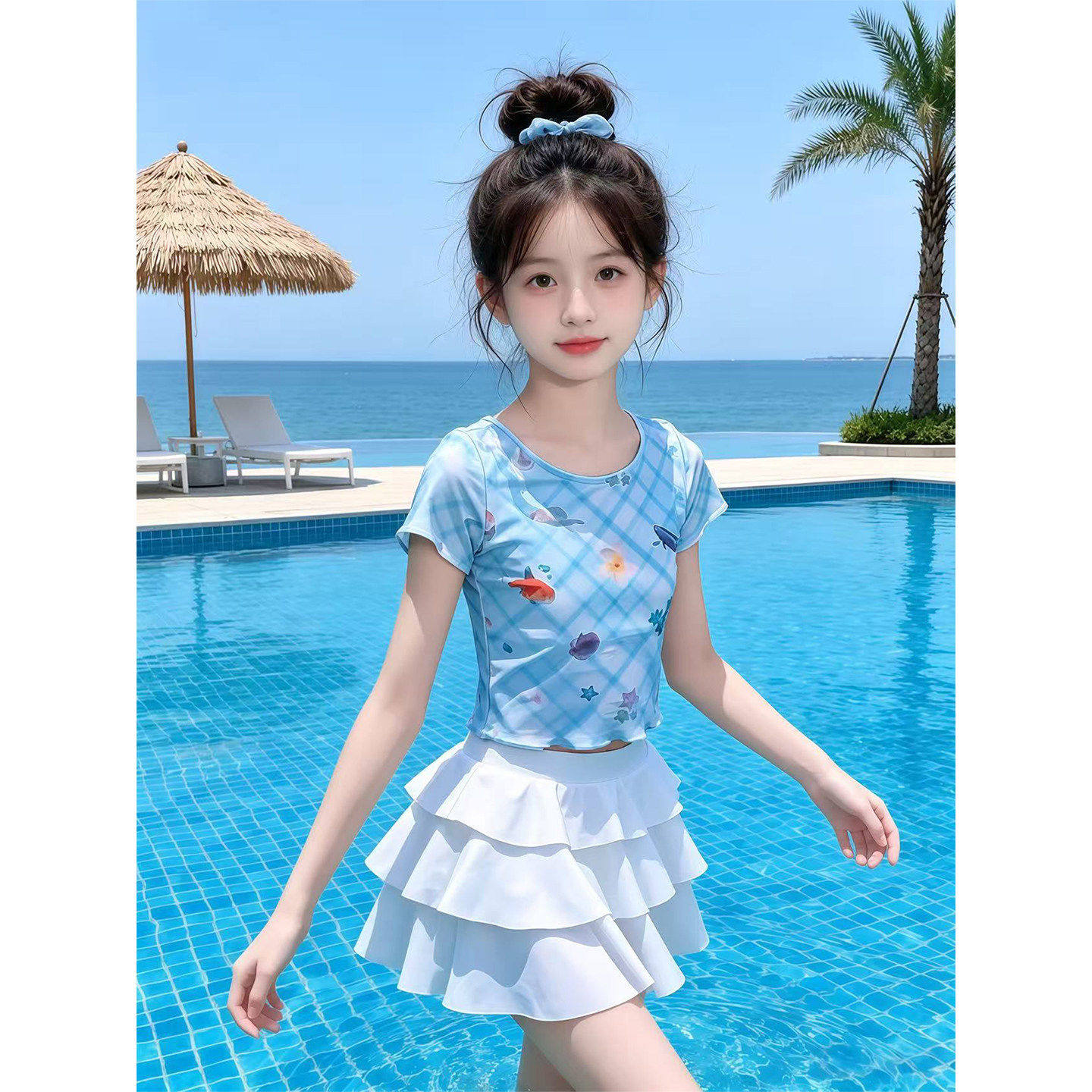 女童海边度假泳衣2026新款海洋印花短袖蛋糕裙式防走光两件式游泳