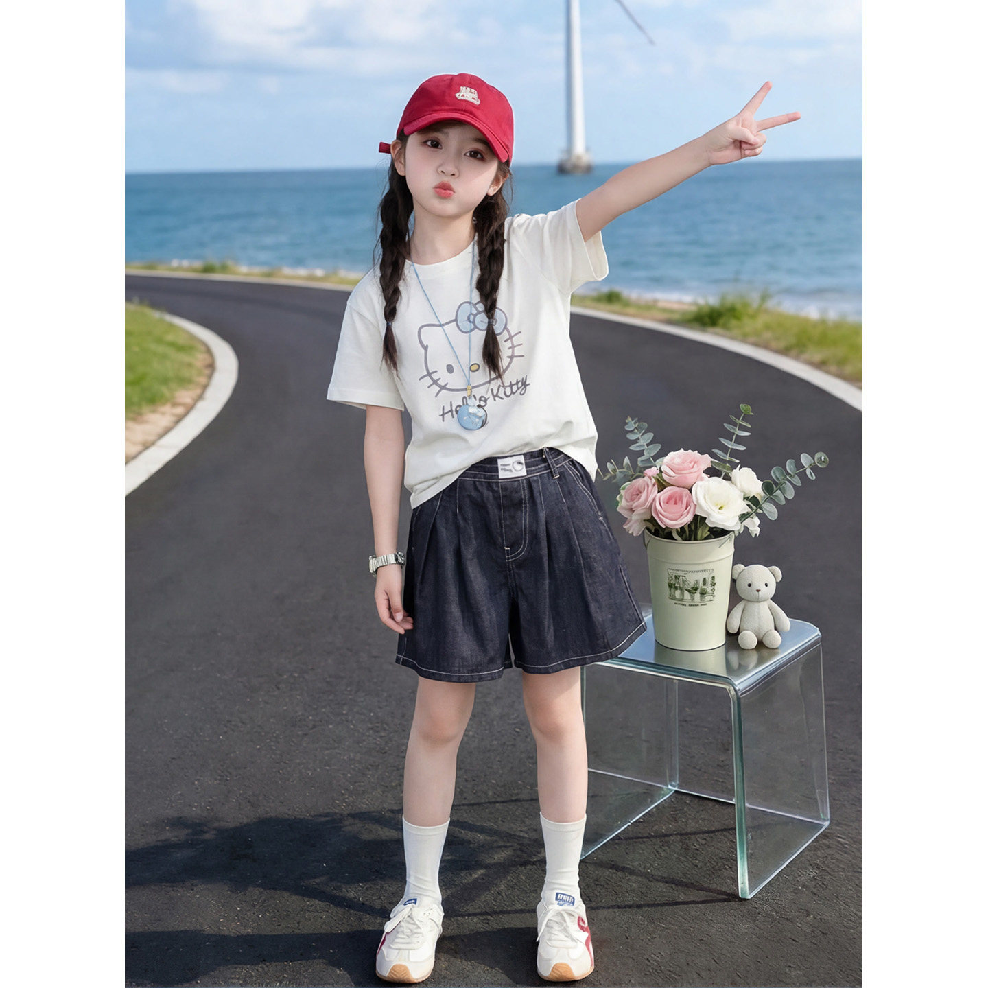 女童夏季短袖宽松T恤牛仔短裤套