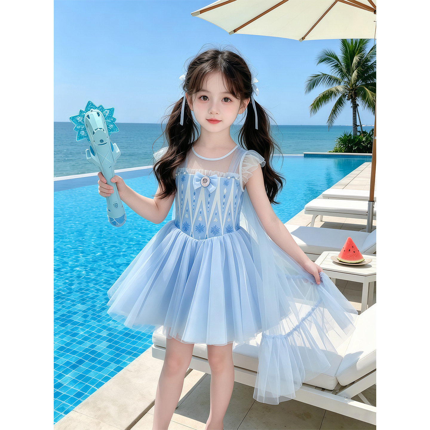 女童泳衣2026夏季新款儿童爱莎裙式连体游泳衣女孩海边公主裙泳装