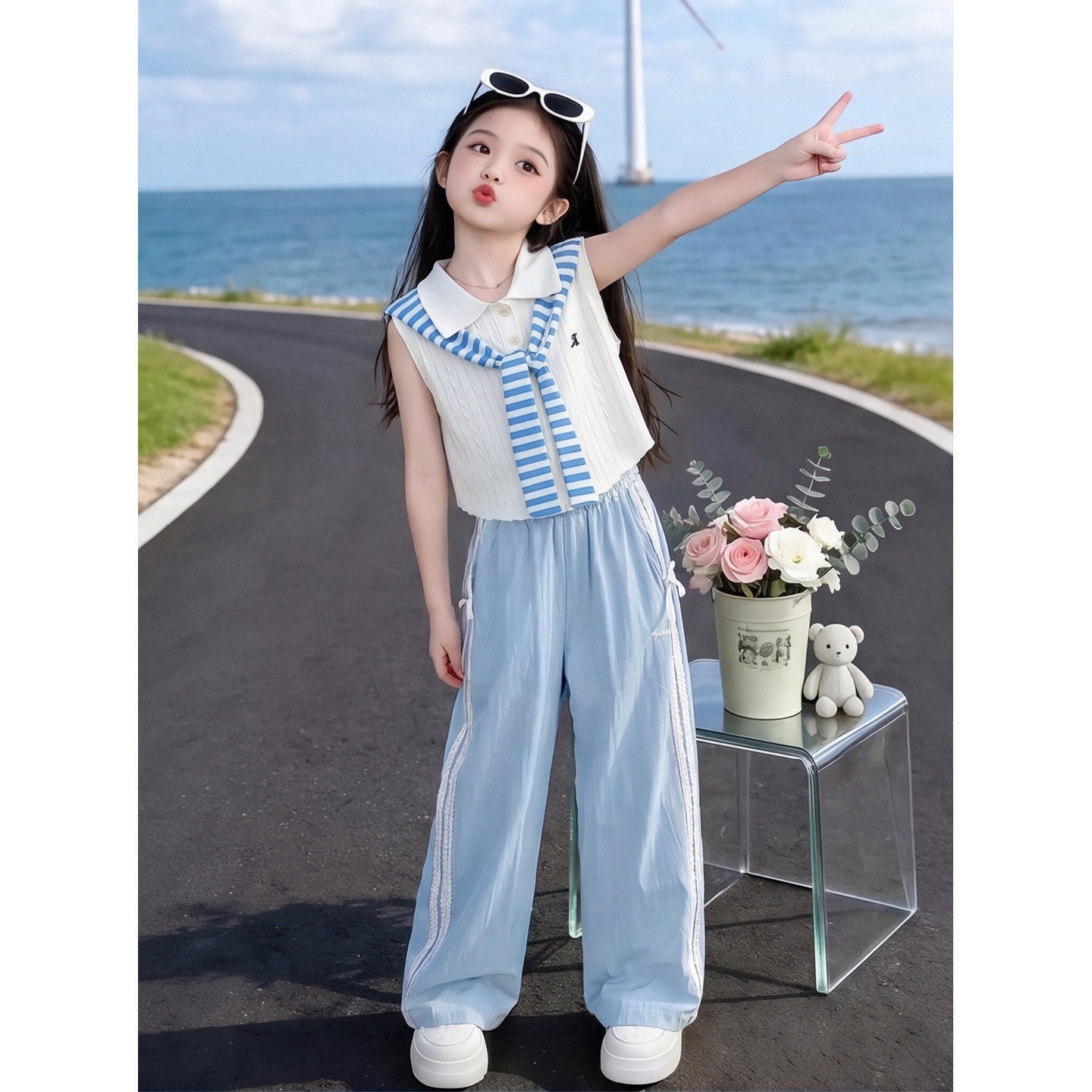 女童夏套装中大童披肩冰丝无袖