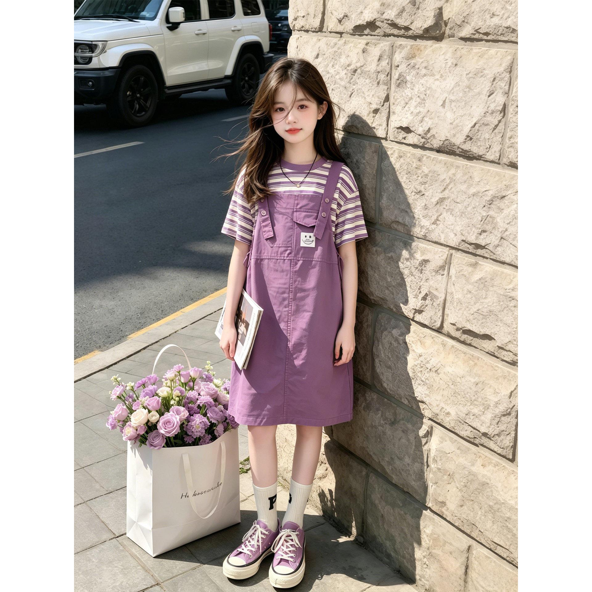 女童背带裙夏季2026新款儿童夏装多巴胺穿搭女孩大童洋气套装裙子