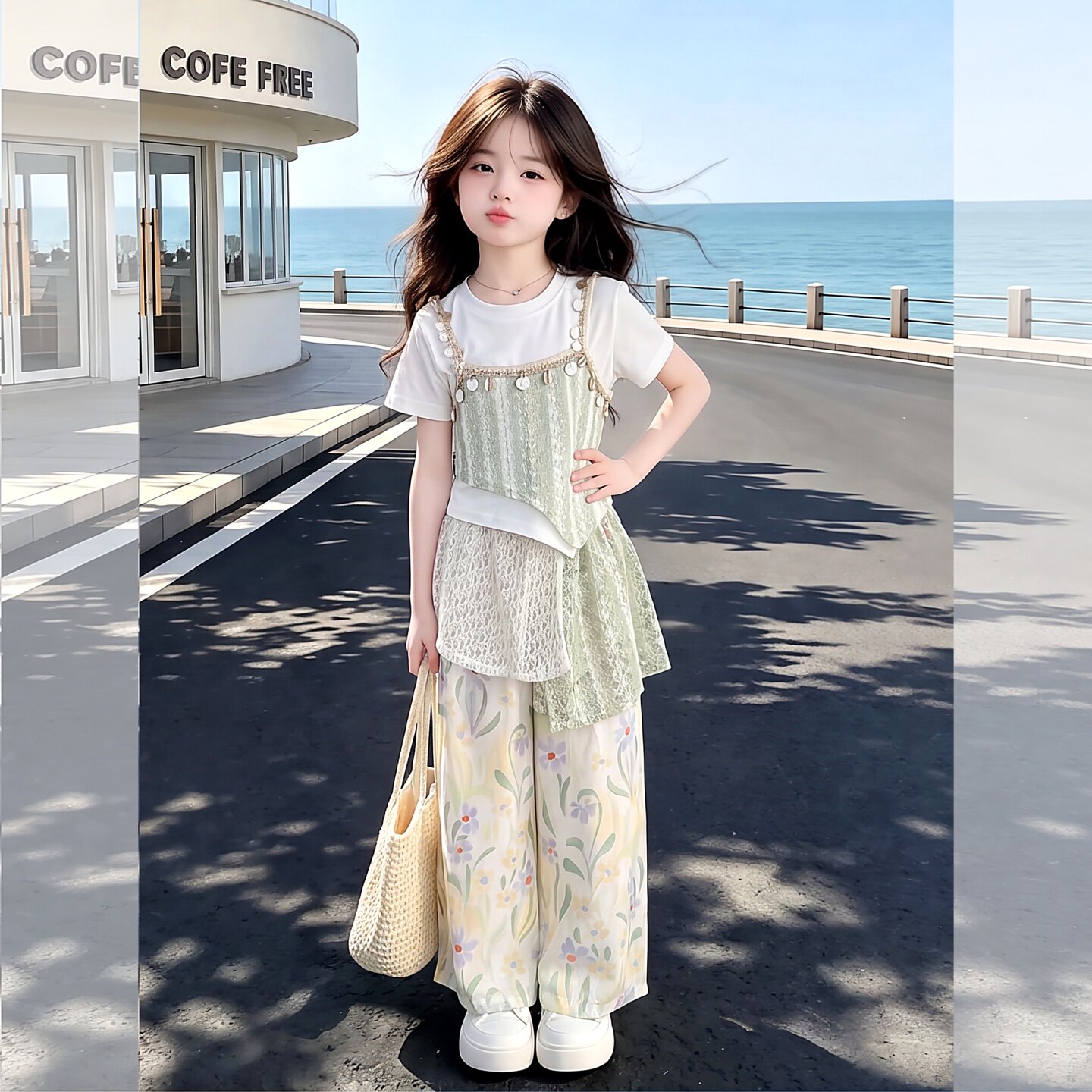 女童夏季假两件蕾丝拼接碎花套装