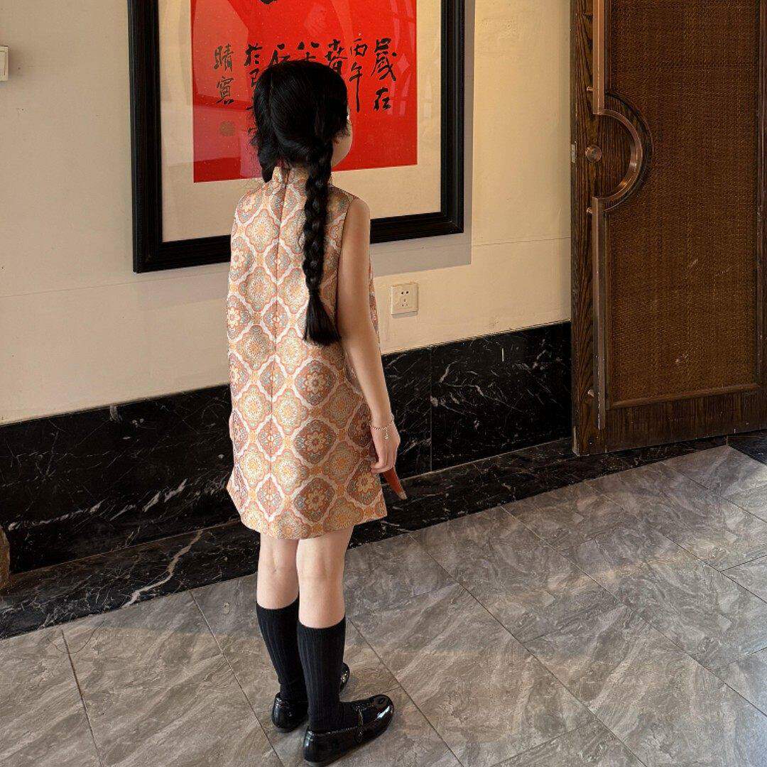 新中式女童背心连衣裙儿童宋锦提花立领盘扣旗袍裙女孩日常穿搭