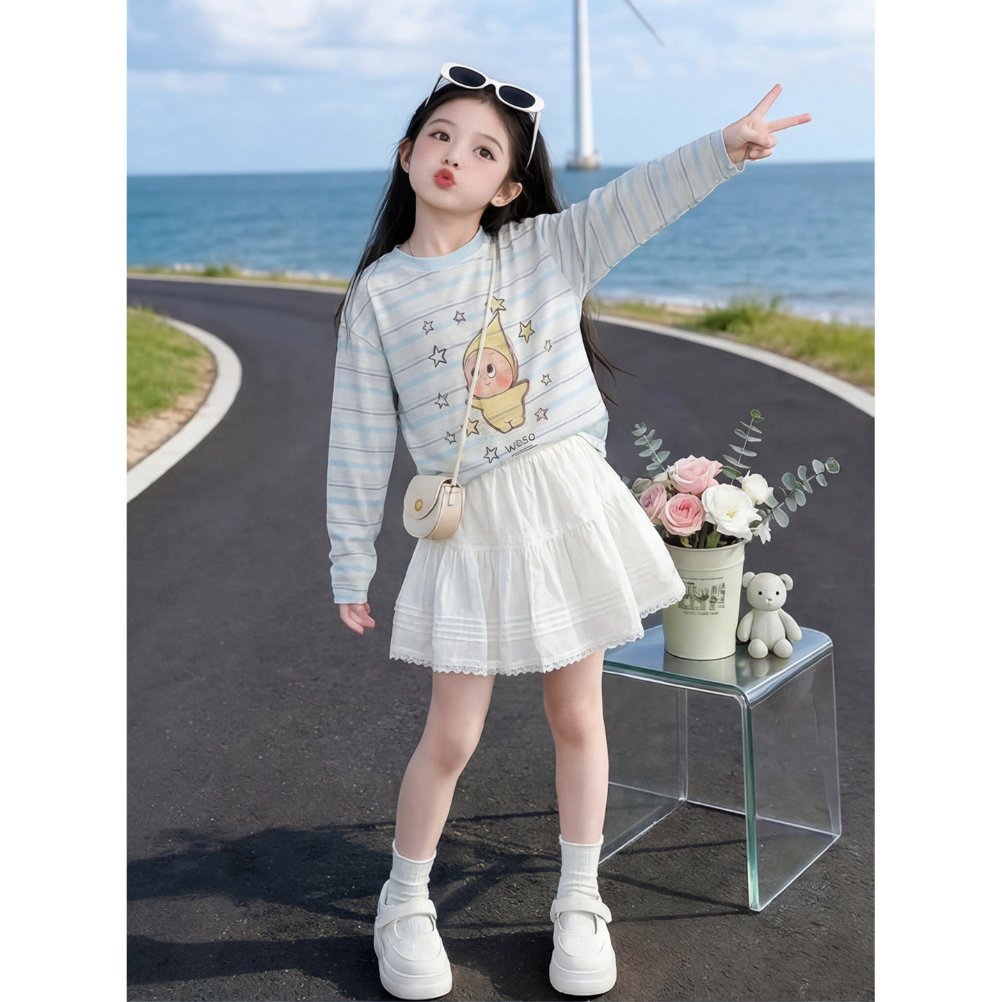 女童夏季薄款条纹长袖防晒衣短裙
