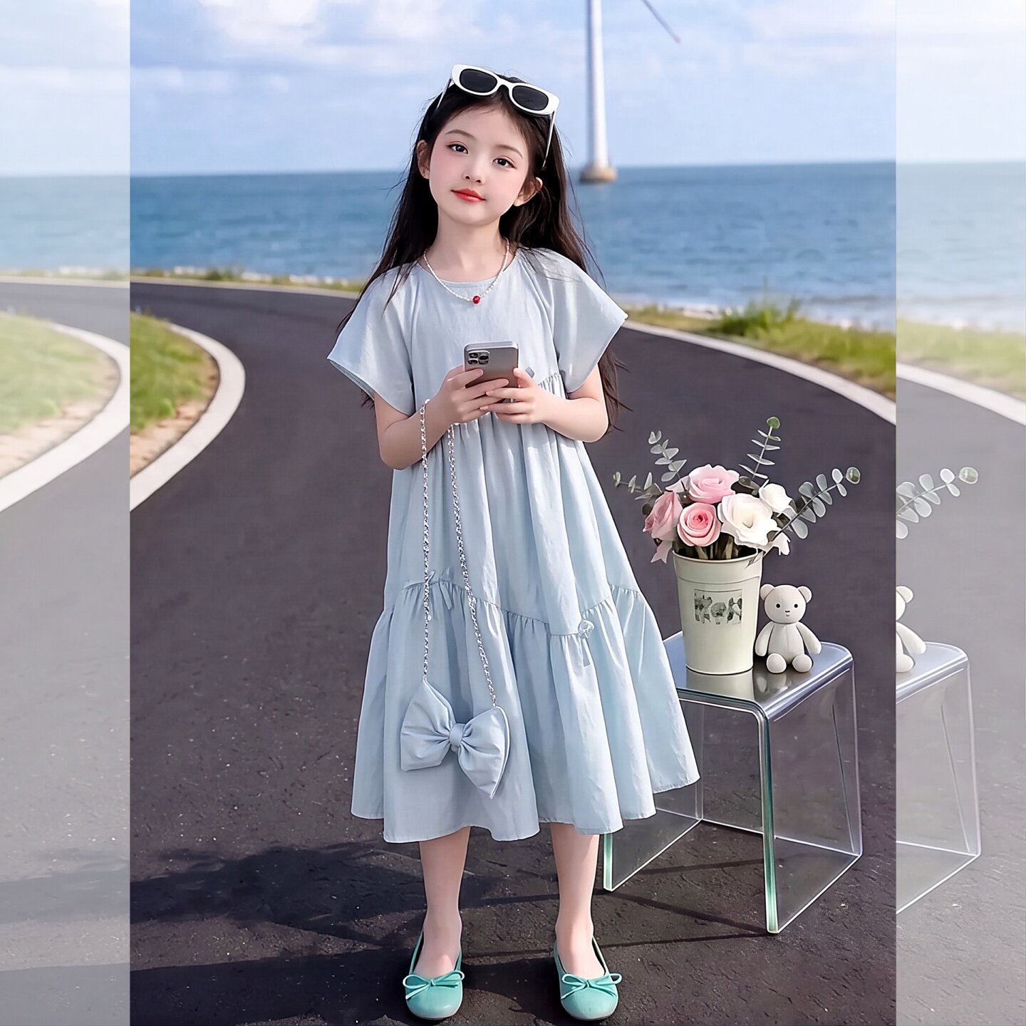 女童连衣裙夏季2026新款短袖拼接