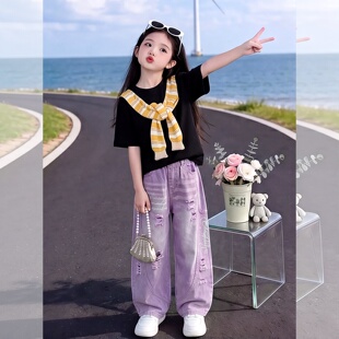 女童夏纯棉黑色短袖黄白条纹假两件披肩T恤洋气百搭休闲薄款上衣