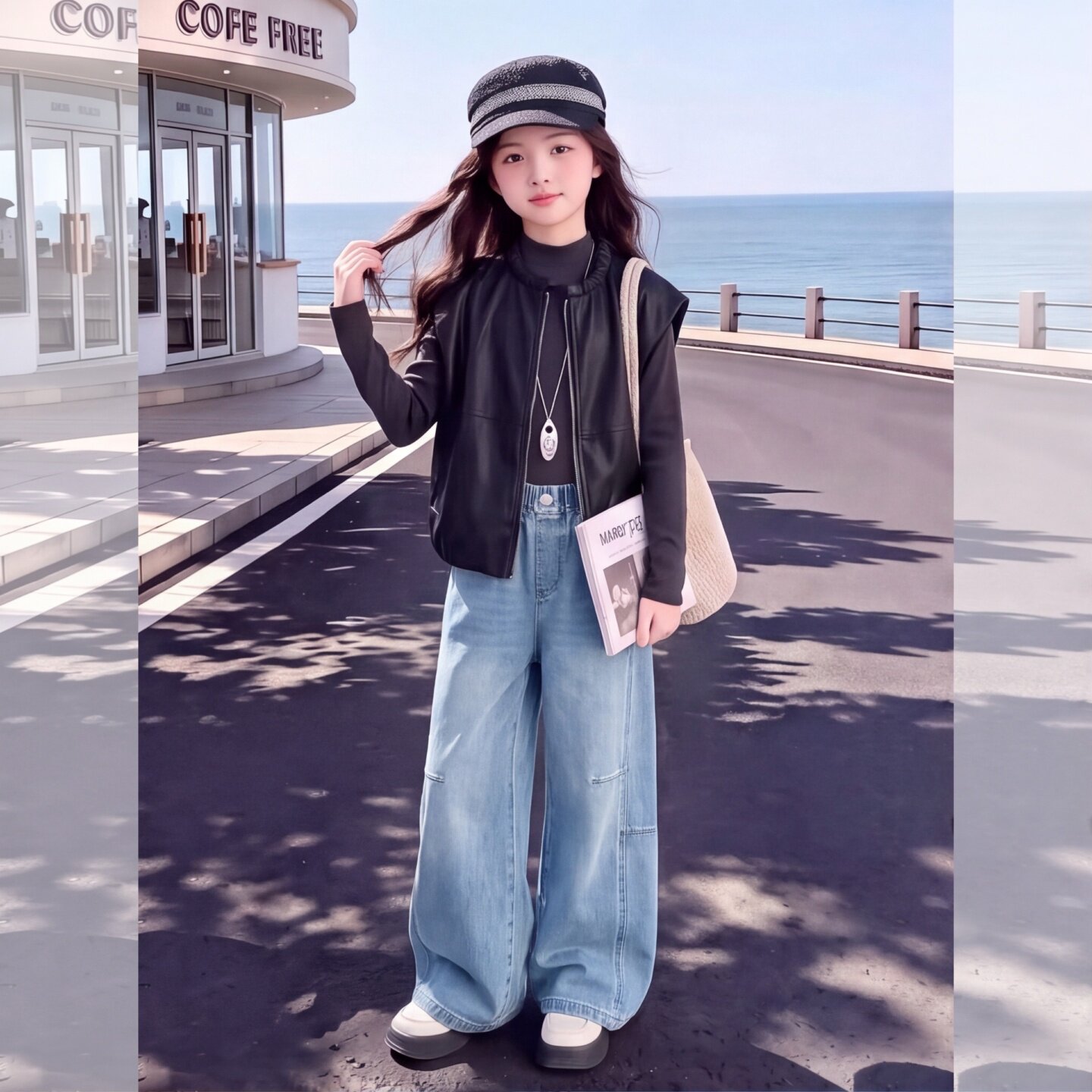 女童牛仔阔腿裤皮衣秋季新款中大