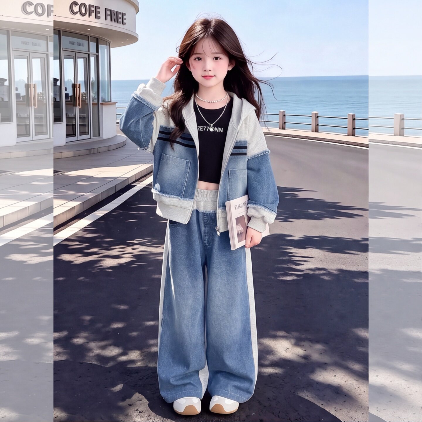 女童秋装牛仔拼接套装2026新款时