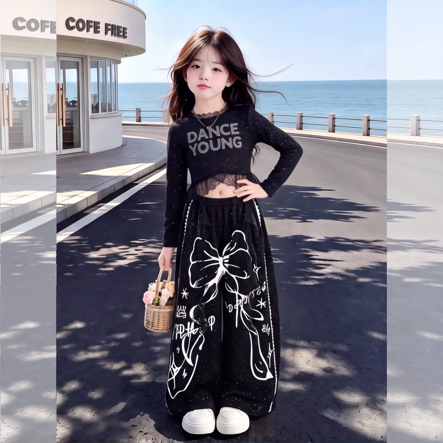 女童字母印花长袖打底衫阔腿裤两