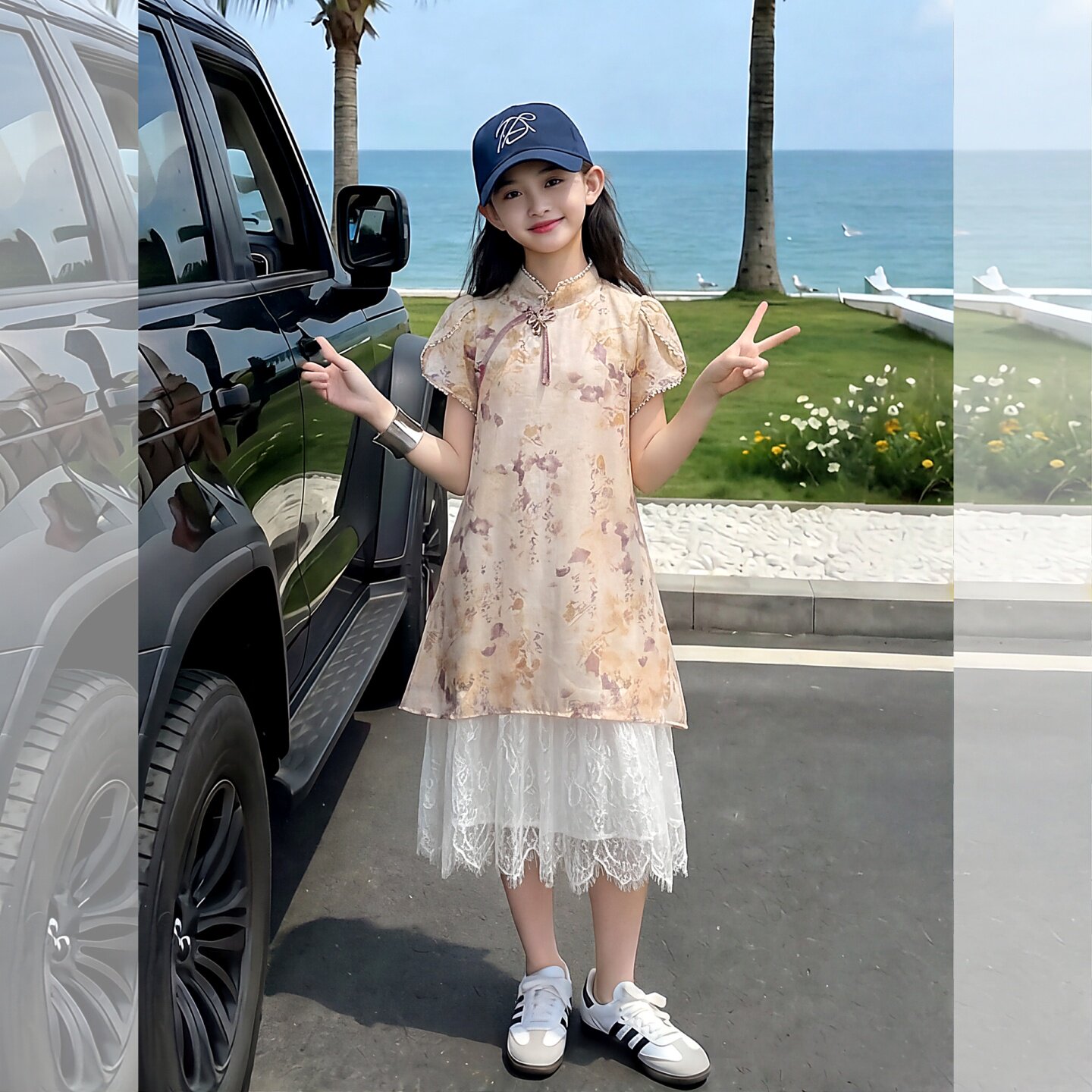女童新中式蕾丝网纱裙国风旗袍裙