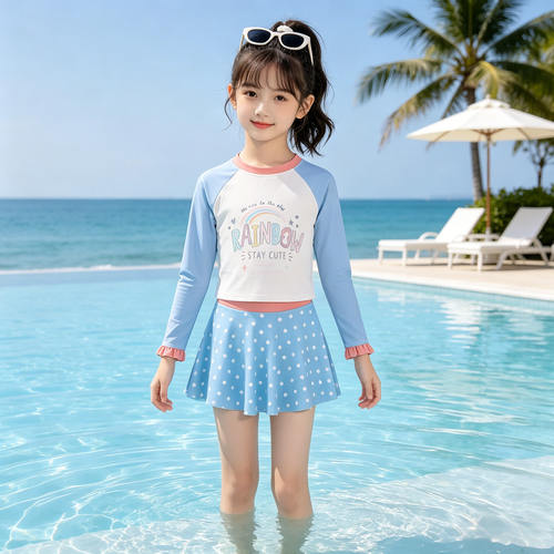 女童夏季两件式泳衣2026新款长袖防晒速干泳衣套装女宝舒适可爱泳