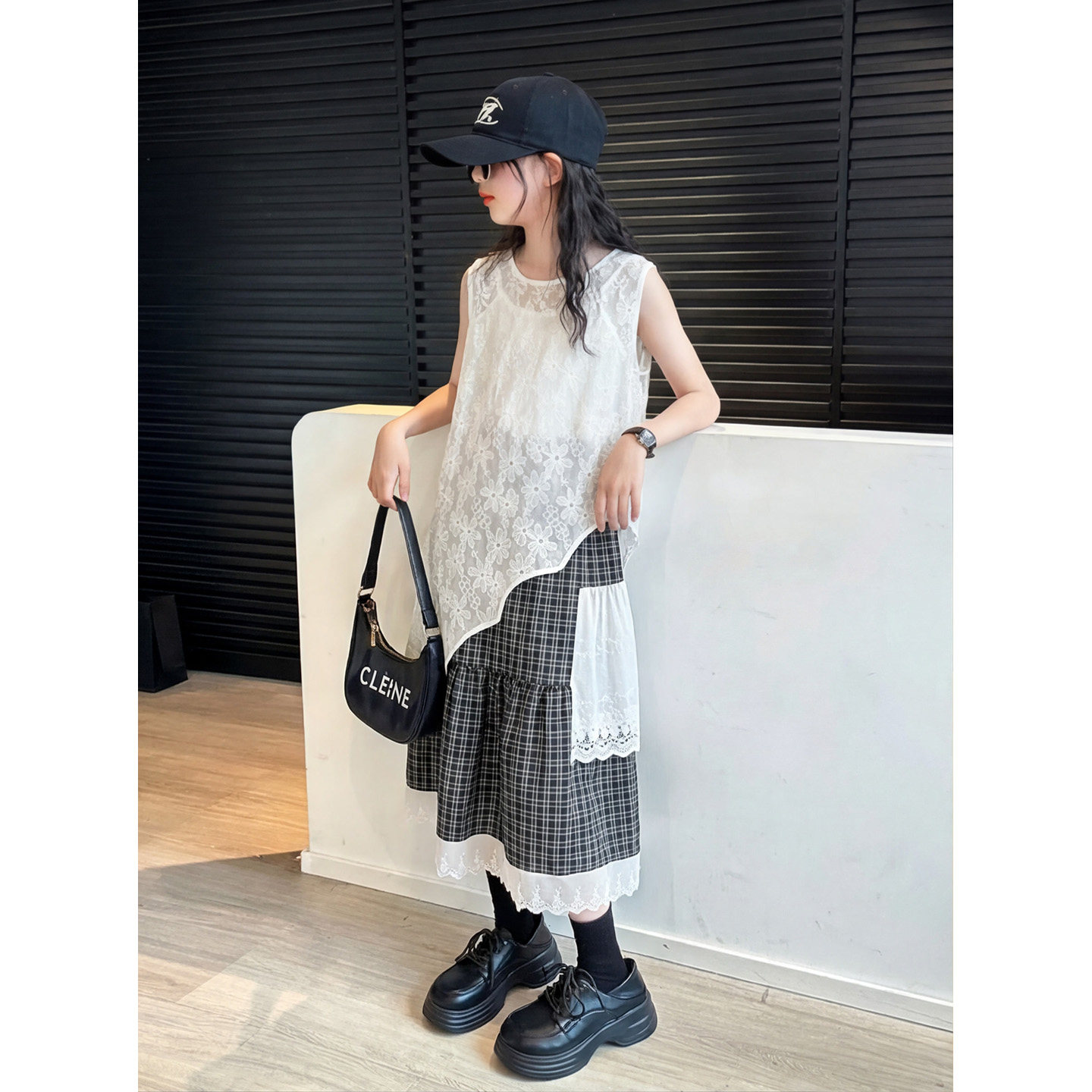 女童蕾丝罩衫格子裙夏装三件套